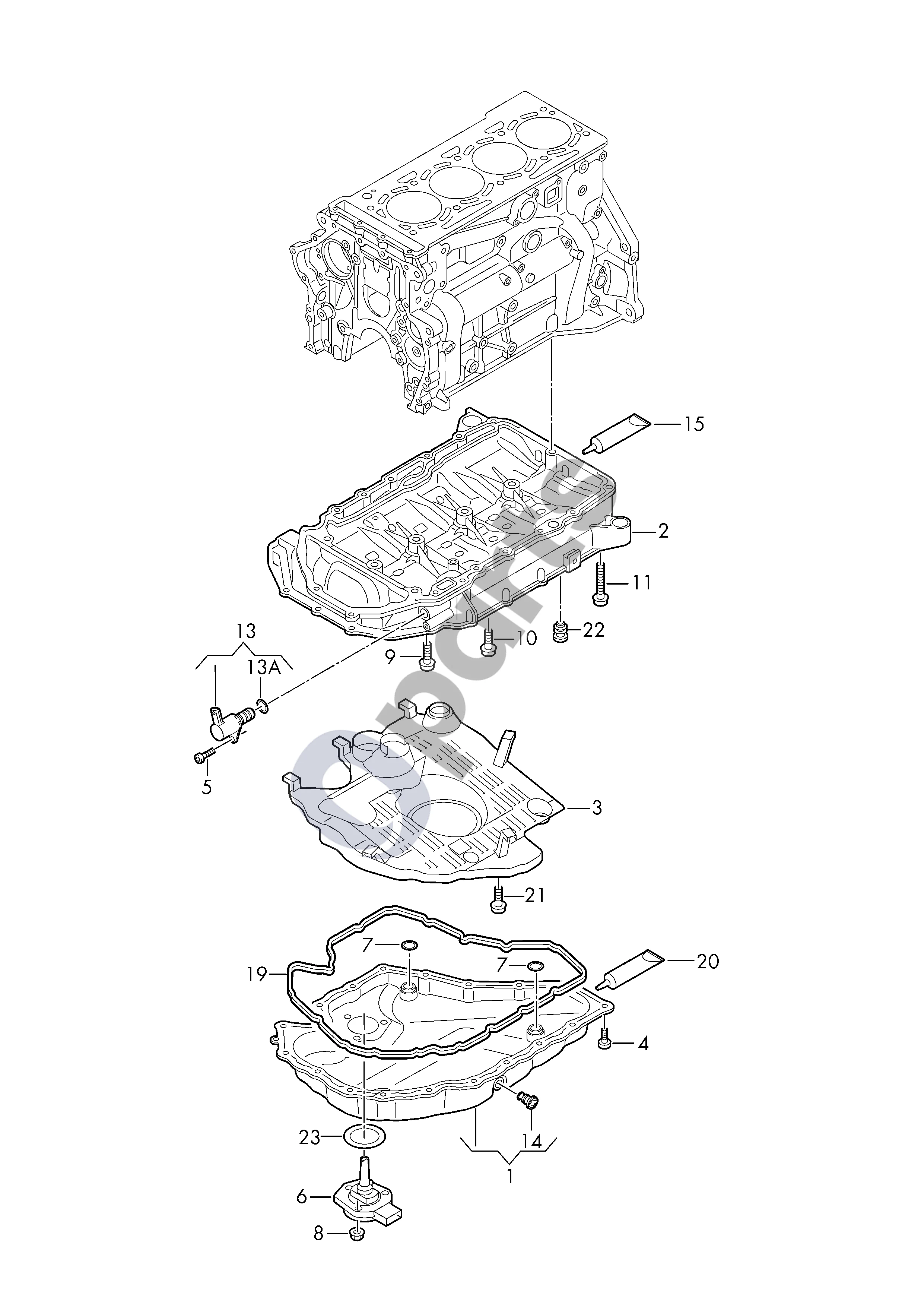Audi A1 (2018–) Alyvos karteris schema – pozicija 14: Alyvos išleidimo kamštis su sandarikliu; Pasirinktinai: