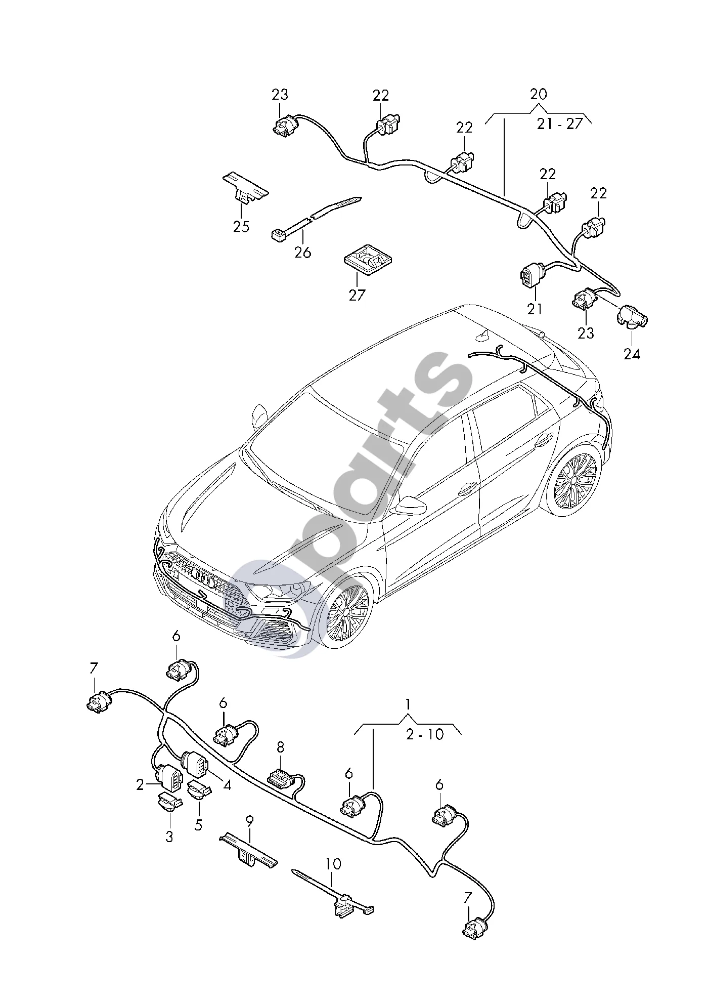 Audi A1 (2018–) Bamperio laidų komplektas schema – pozicija 8: Plokščių kontaktų jungties korpusas; Jungiamoji detalė; Radaro jutiklis