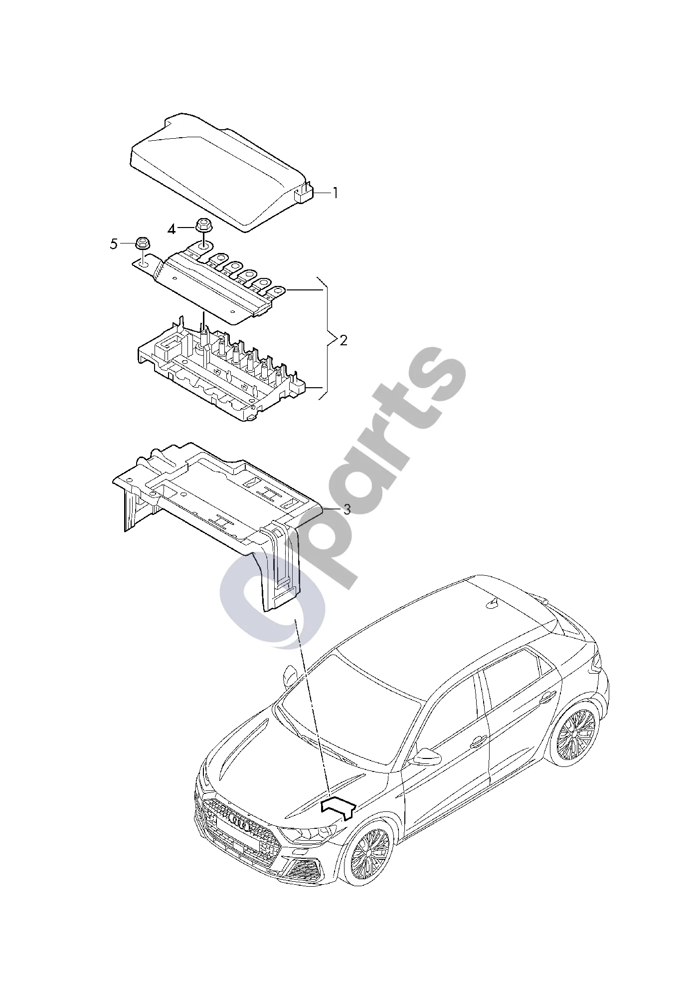 Audi A1 (2018–) Centrinė elektros dalis; akumuliatorius schema – pozicija 2: Saugiklių dėžė su saugikliu; Variklio skyrius