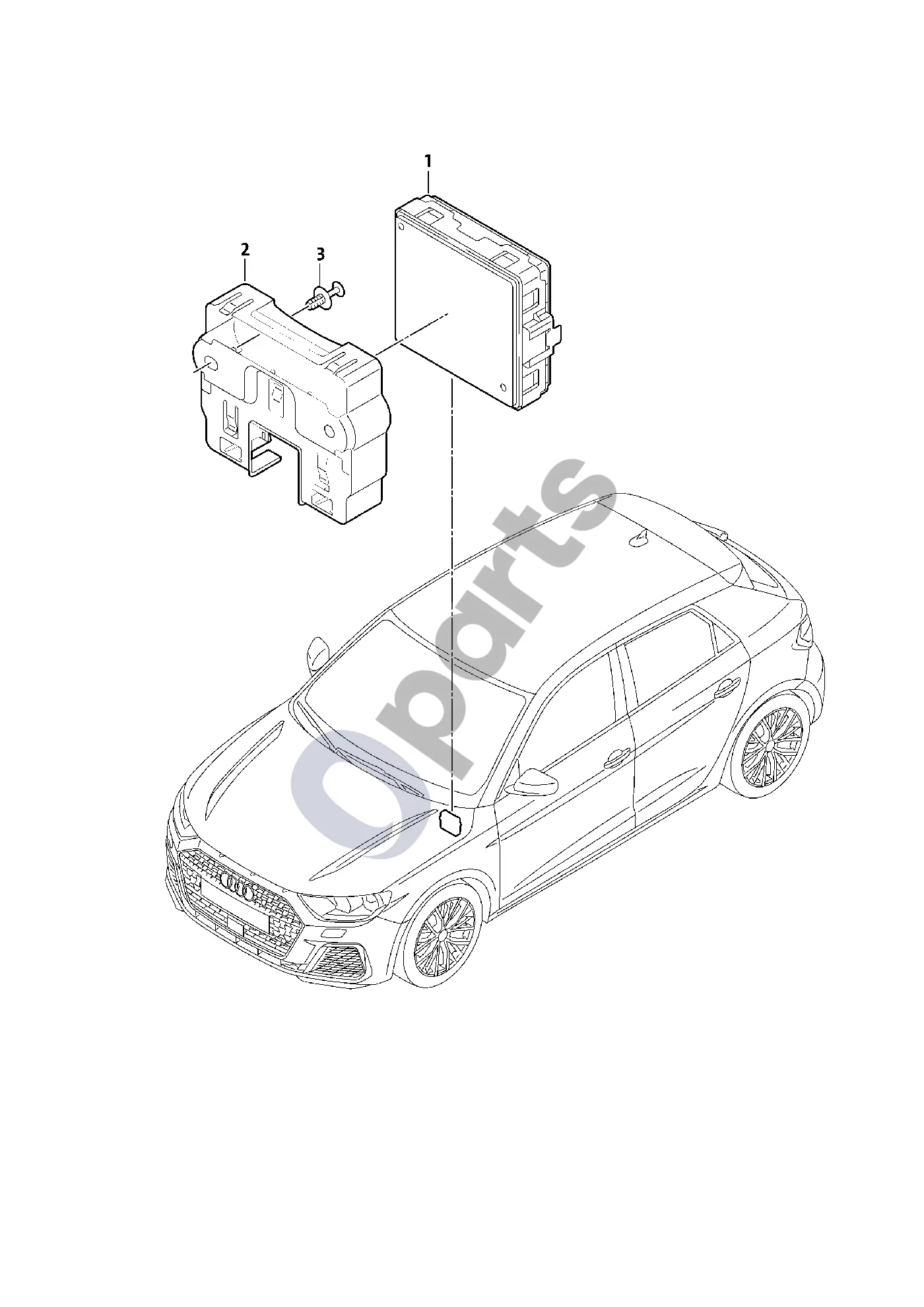 Audi A1 (2018–) Priekinių žibintų aukščio reguliavimo valdymo blokas schema – pozicija 1: Posūkio šviesų ir priekinių žibintų aukščio reguliavimo valdymo blokas