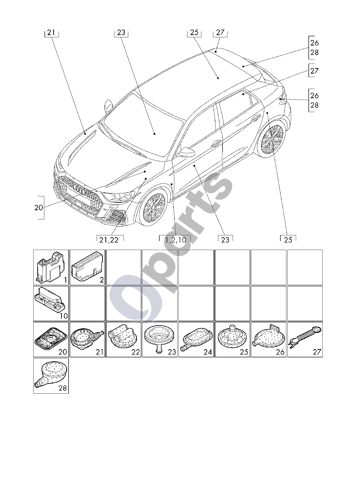 Audi A1 (2018–) Saugiklių dėžė schema – pozicija 28: Guminė įvorė; Skersinė plokštė