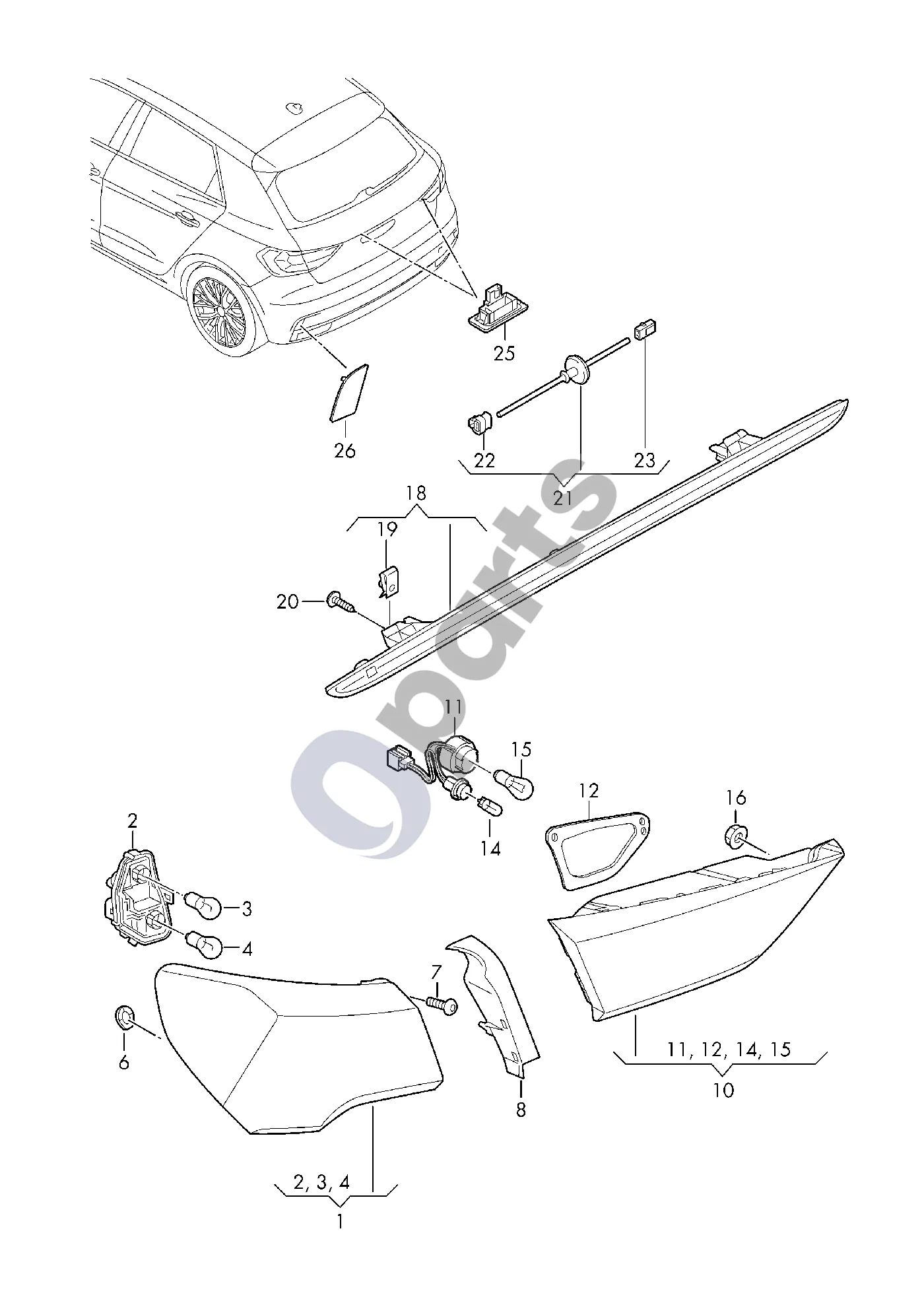 Audi A1 (2018–) Galinis žibintas schema – pozicija 25: LED valstybinio numerio apšvietimas