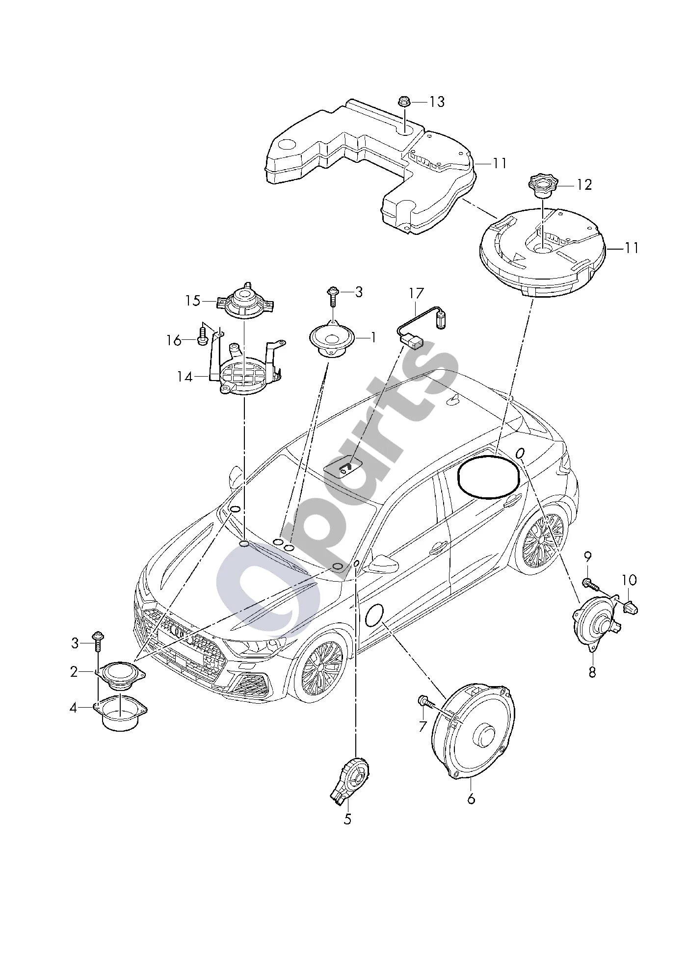 Audi A1 (2018–) Garsiakalbis schema – Žemųjų dažnių garsiakalbis