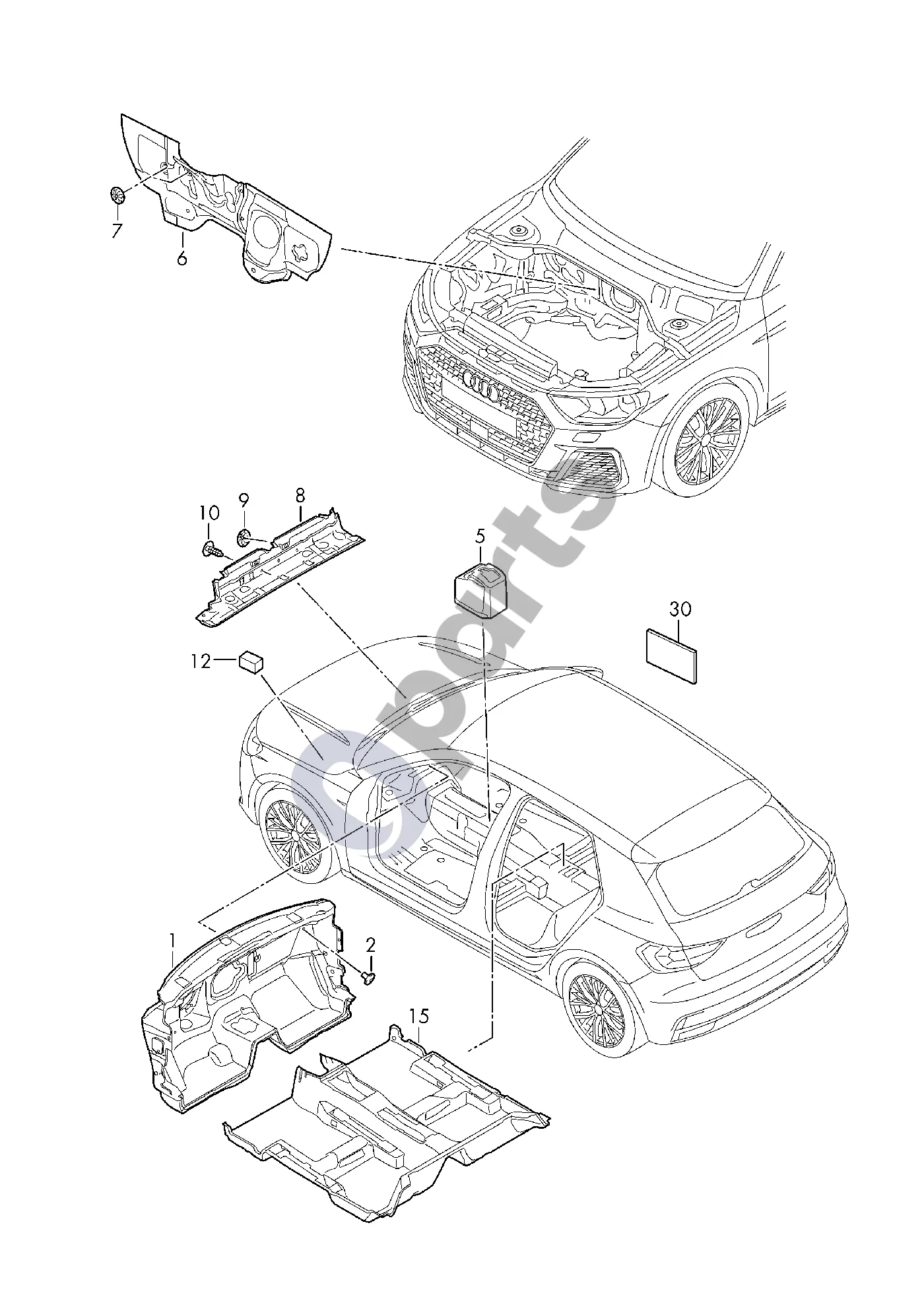 Audi A1 (2018–) Garso slopintuvas schema – pozicija 6: Priekinės skydo dalies slopinimas; Variklis
