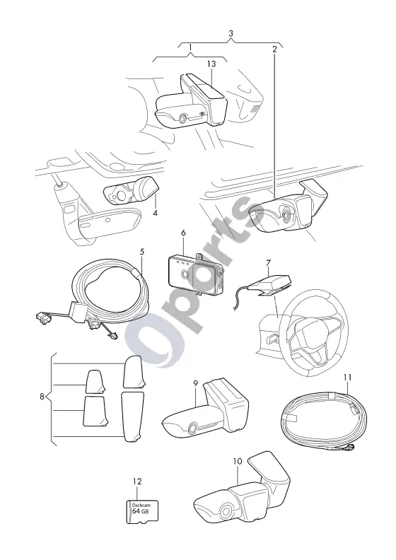 Audi A1 originalus priedas; aplinkos stebėjimo kamera – schema