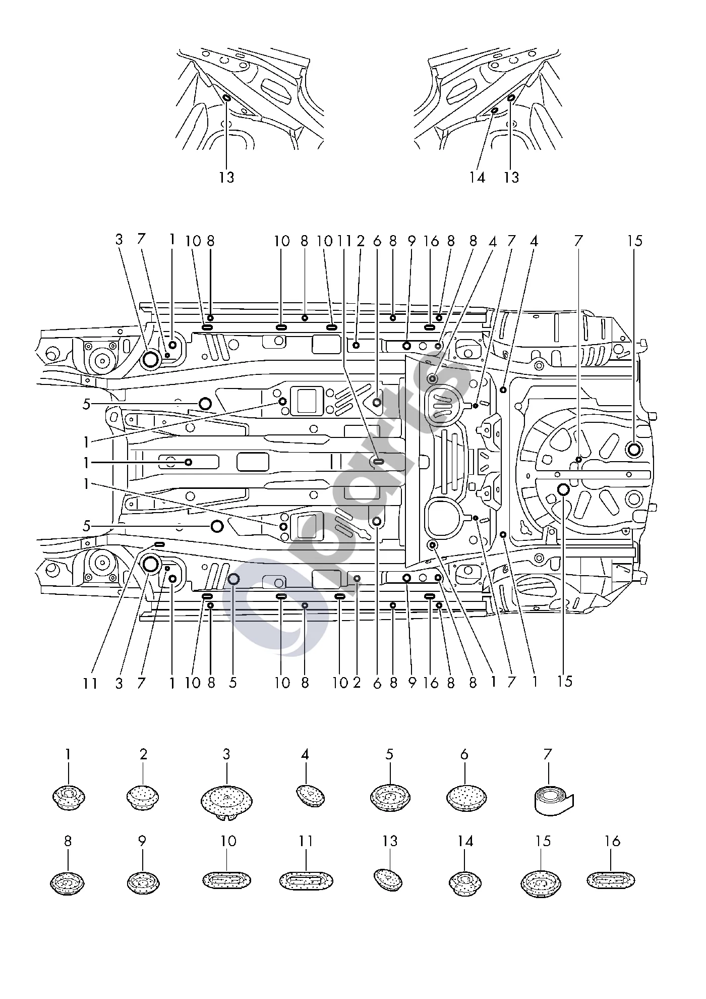 Audi A1 (2018–) Grindų kamščiai schema – pozicija 4: Kamščiai