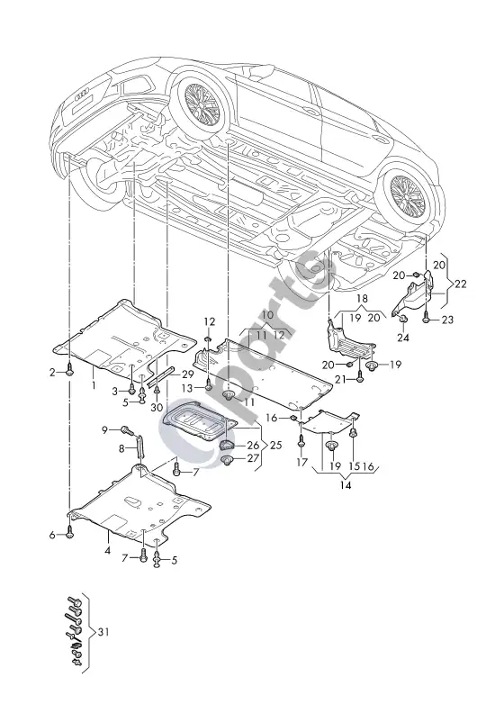 Audi A1 apatinė kėbulo apdaila – schema