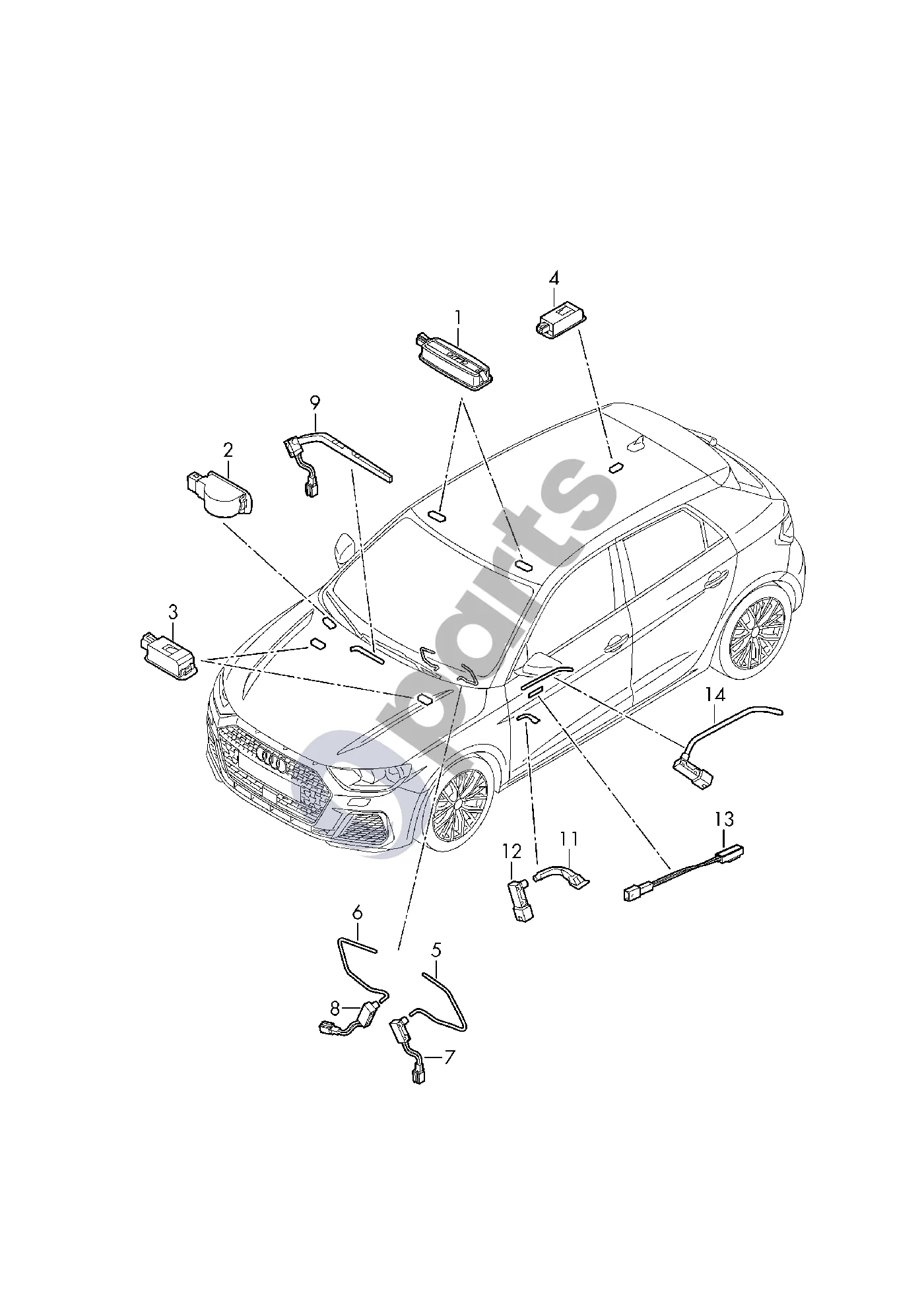 Audi A1 (2018–) Veidrodėlio apšvietimas schema – pozicija 2: Žibintas