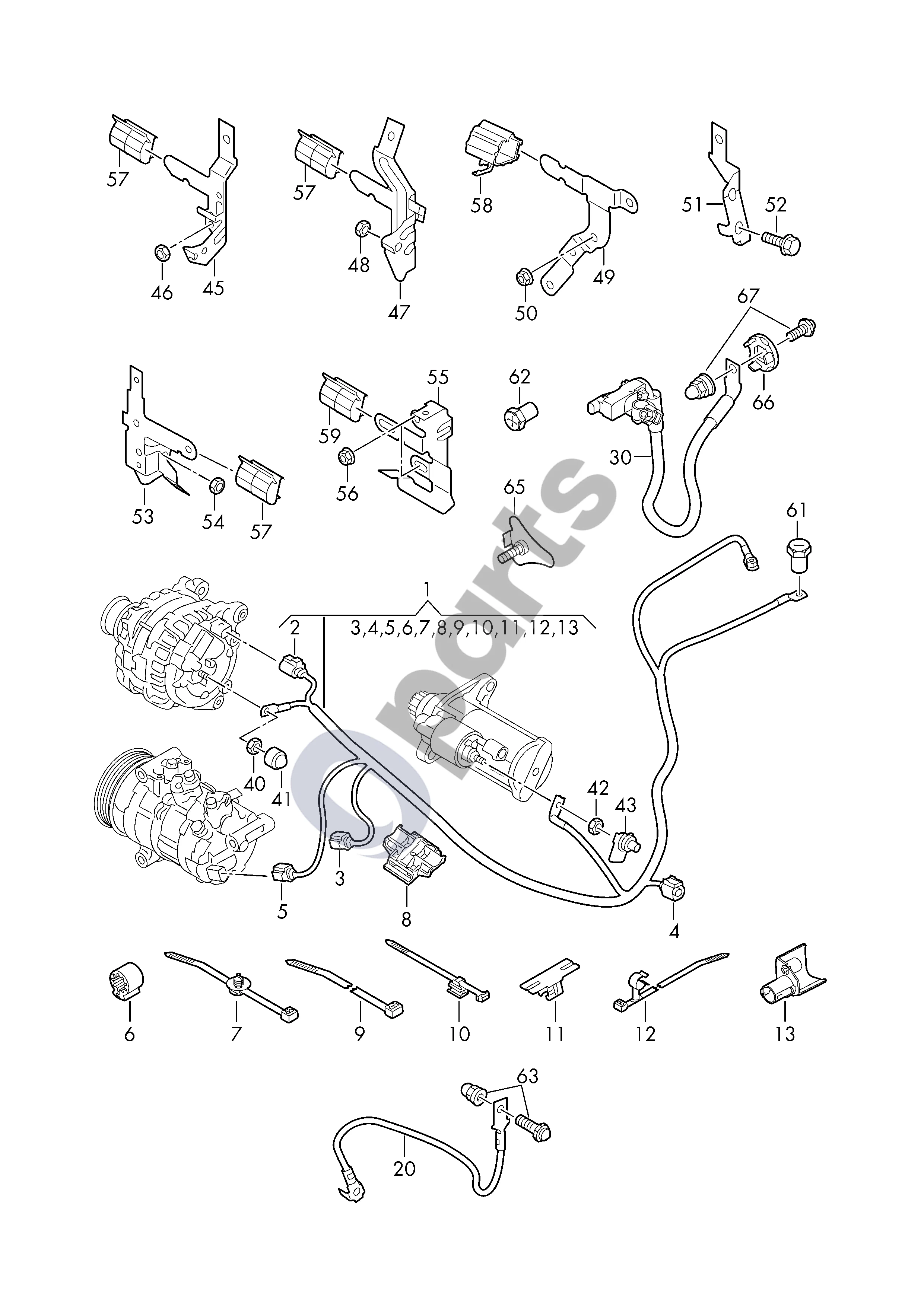 Audi A1 (2018–) Akumuliatoriaus +, starterio ir generatoriaus laidų pynė schema – Plokščių kontaktų korpusas su kontaktų fiksavimo mechanizmu; Jungiamoji detalė; Oro kondicionieriaus kompresorius