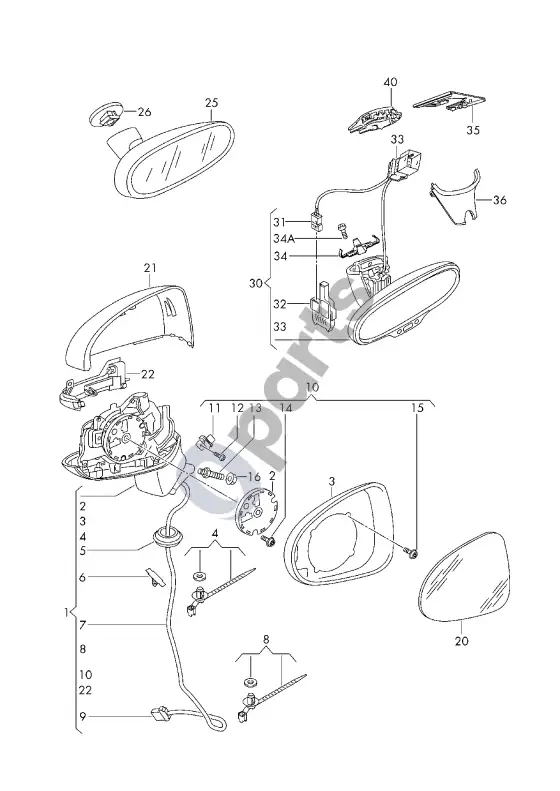 Audi A1 išorinis veidrodėlis – schema