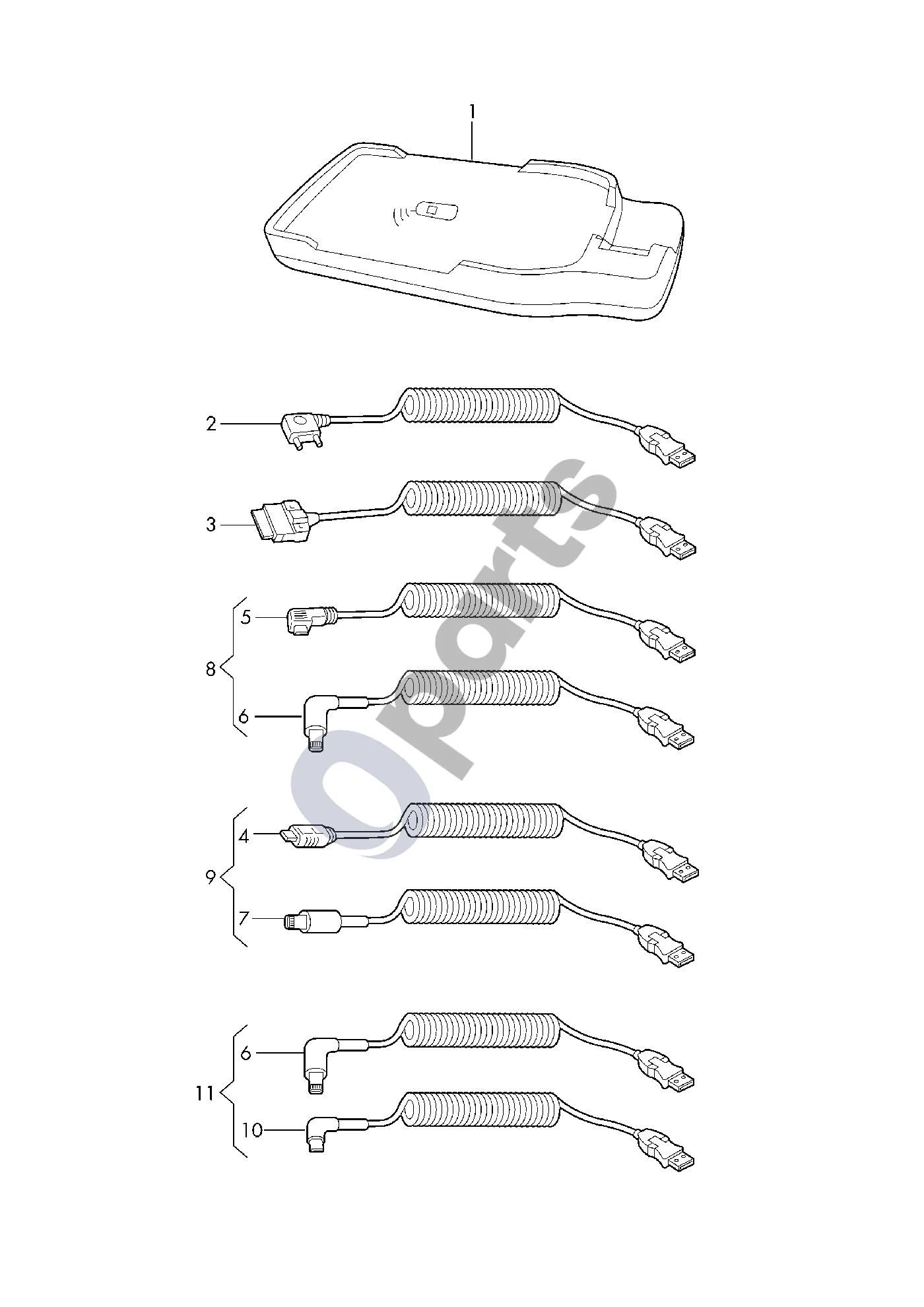 Audi A1 (2010–2018) Originalus priedas; mobiliojo telefono jungimo komplektas schema – Įkrovimo kabelis mobiliojo telefono laikikliui; Su mobiliąja USB jungtimi; Naudoti tik: