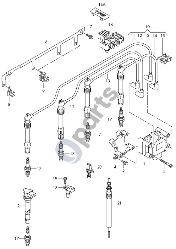 Audi A1 uždegimo ritė; uždegimo laidas; uždegimo žvakė – schema