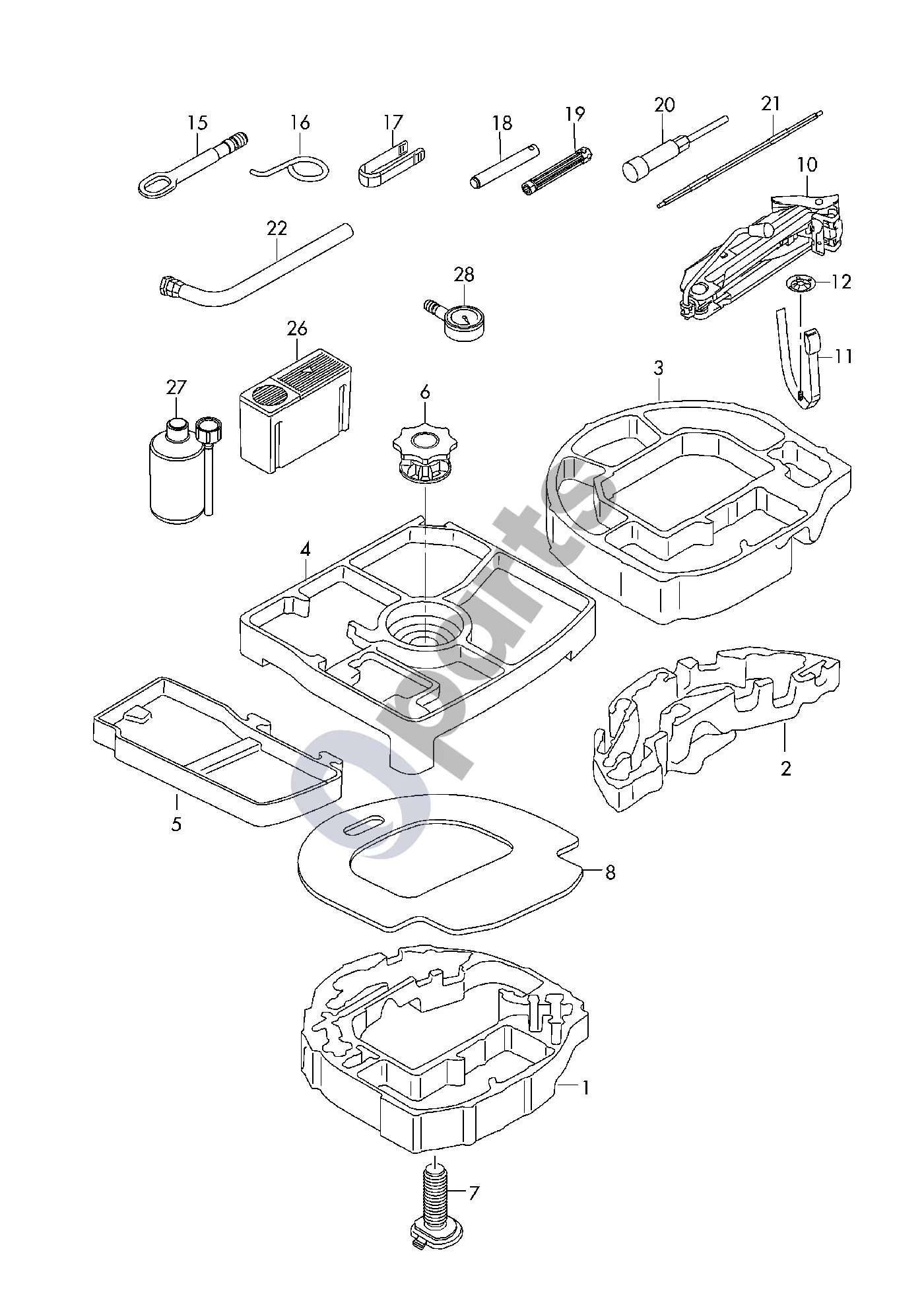 Audi A1 (2010–2018) Domkratas; įrankiai; avarinis komplektas su kompresoriumi schema – Padangų sandariklis D - 01.09.2014>>