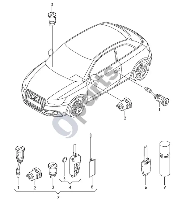 Audi A1 spynelės cilindras; raktas – schema