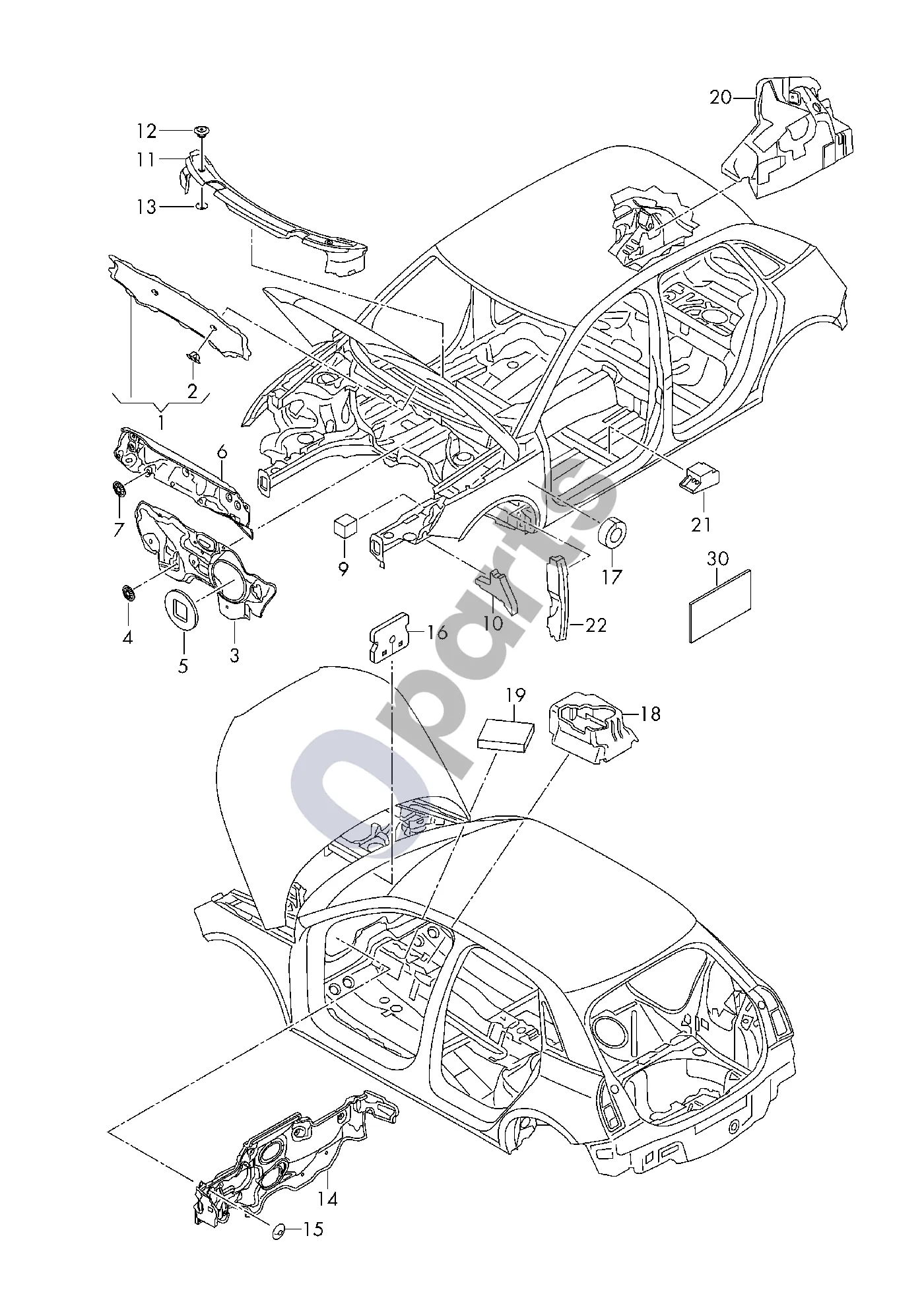 Audi A1 (2010–2018) Garso izoliacija variklio dangčiui schema – pozicija 2: Laikymo spaustukas