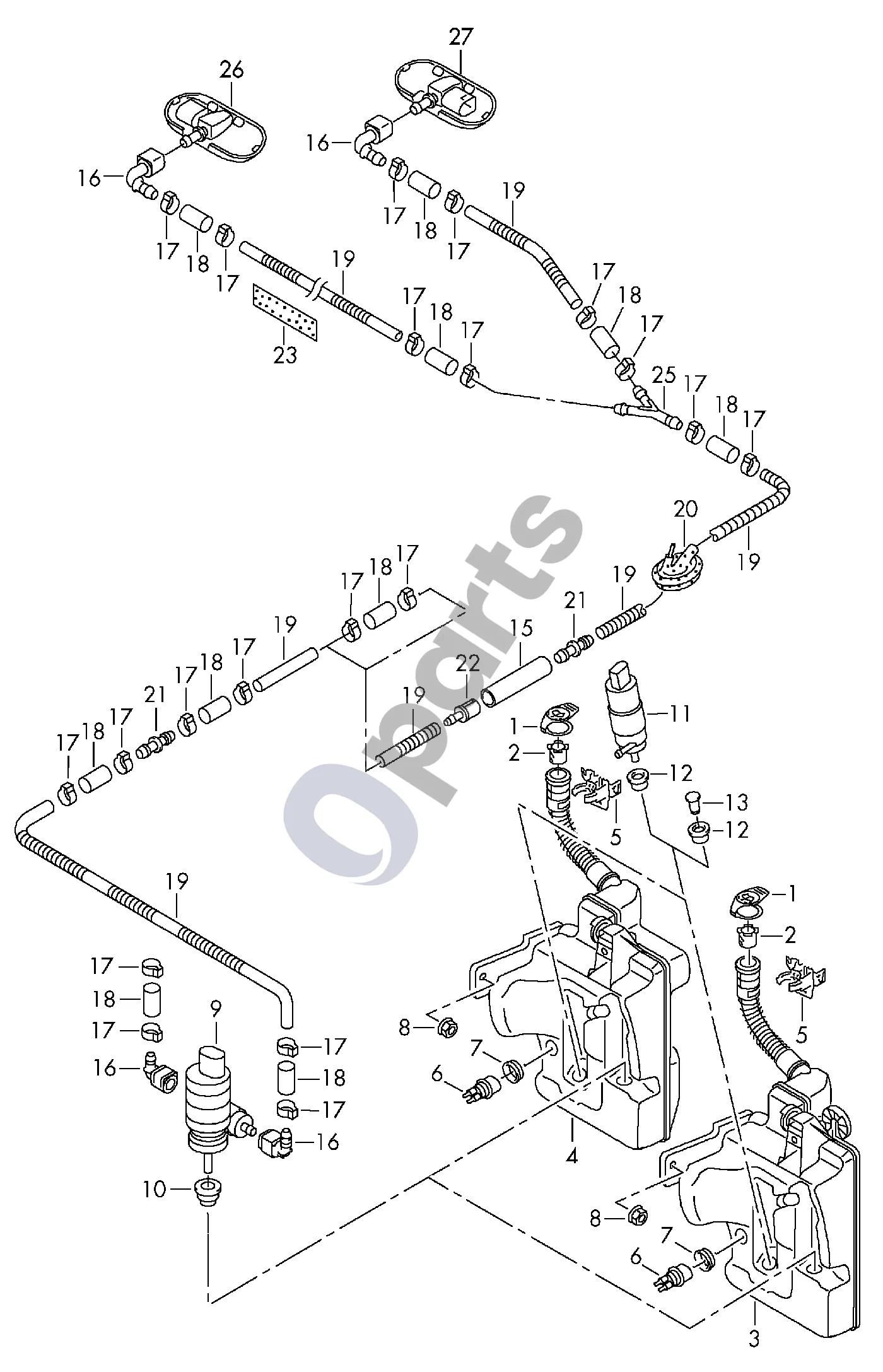 Audi A1 (2010–2018) Priekinio stiklo plovimo sistema schema – pozicija 1: Galinis dangtelis