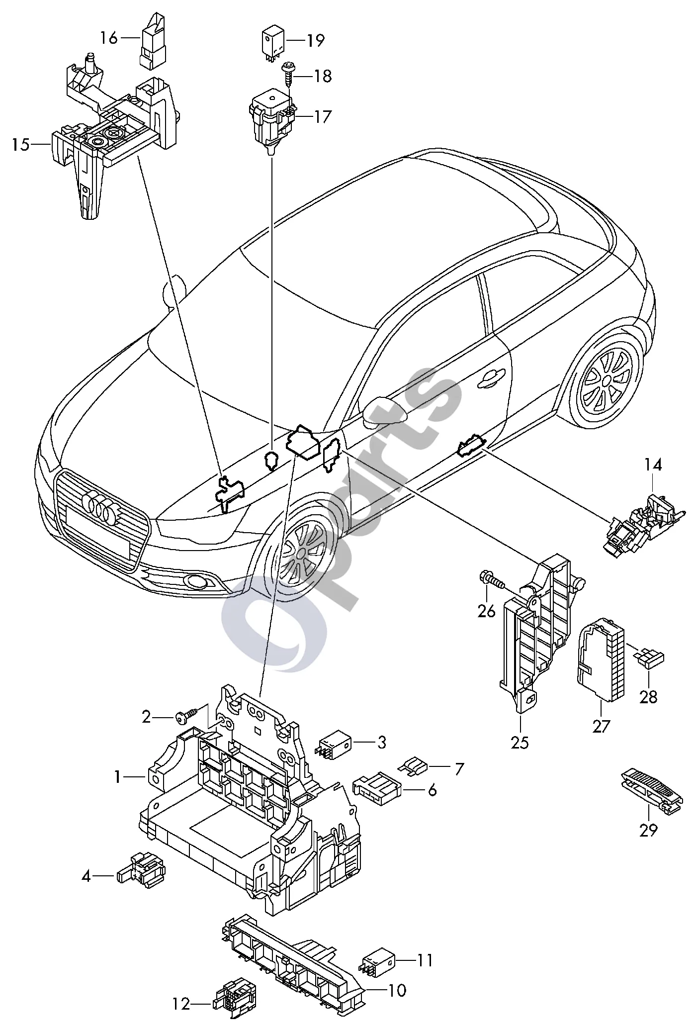 Audi A1 (2010–2018) Rėlių plokštė ir rėlė schema – Plokščias saugiklis 19/2x5