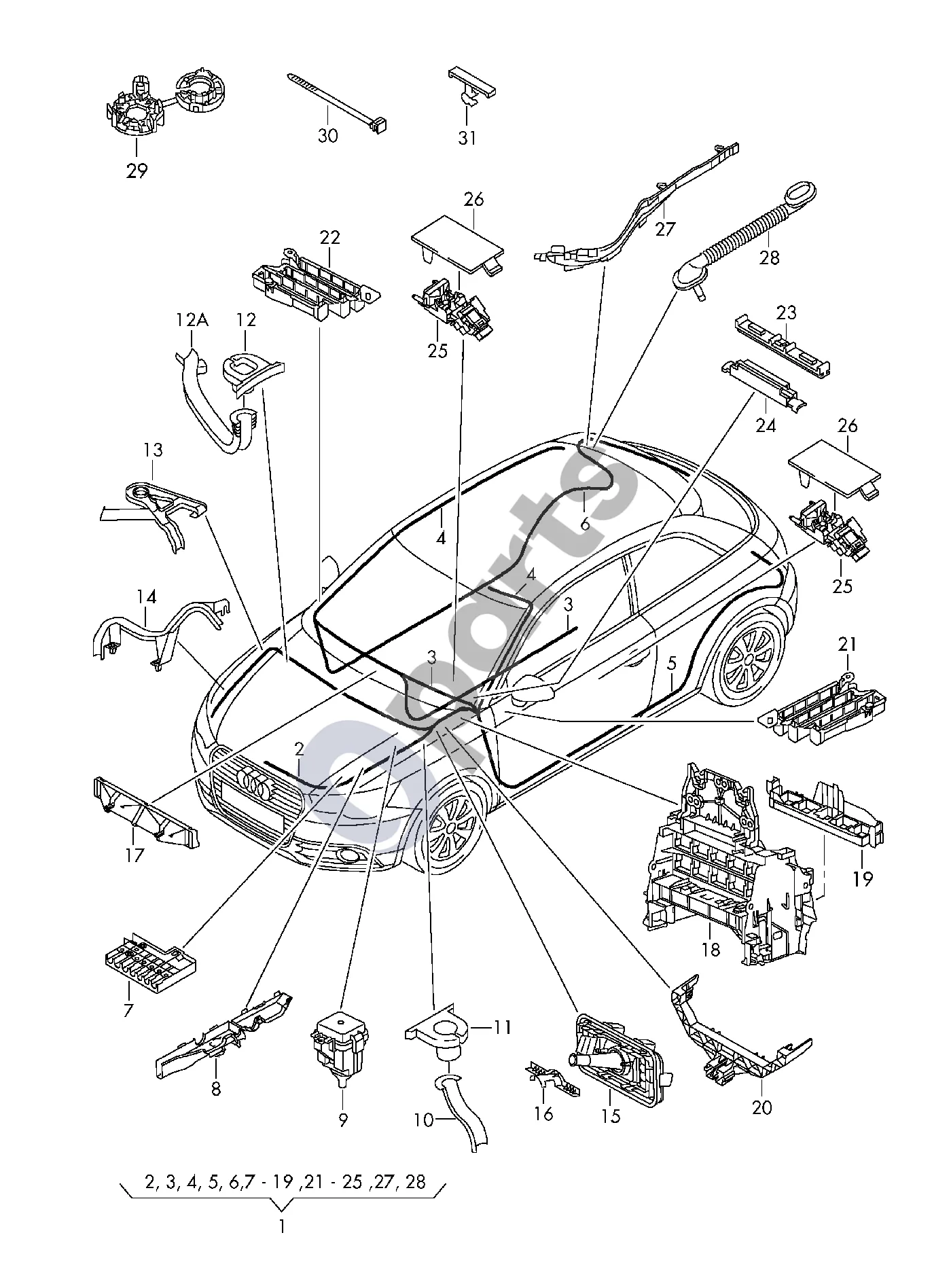 Audi A1 (2010–2018) Salono laidų pynė schema – pozicija 13: Laidų laikiklis; Masės kaištis