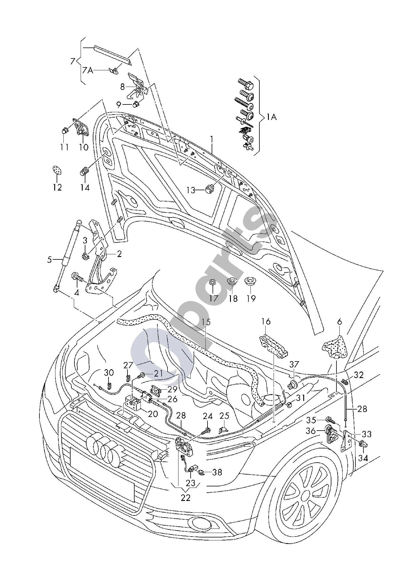 Audi A1 (2010–2018) Variklio dangtis schema – pozicija 18: Kamščiai