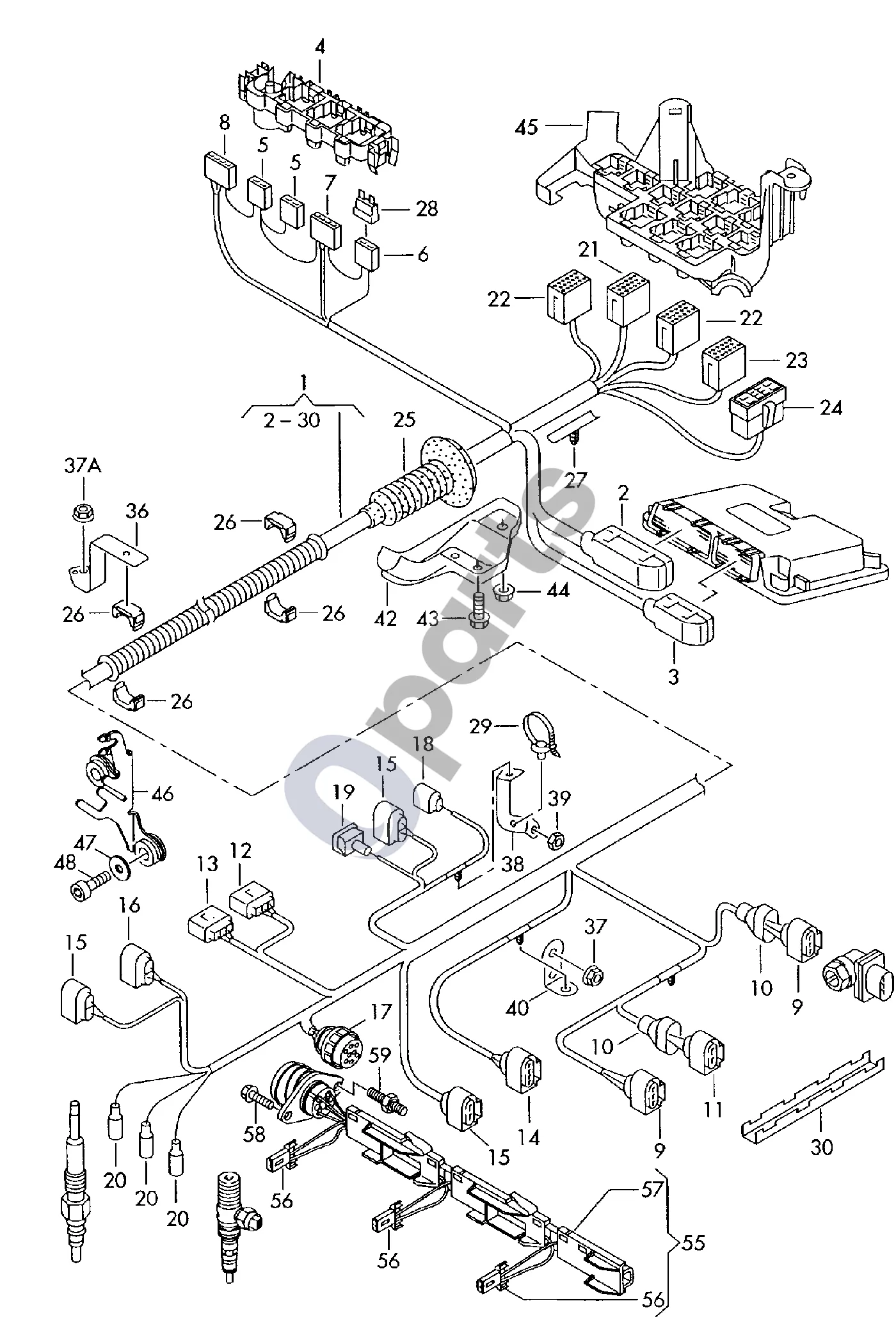 Audi A2 Variklio skyriaus laidų pynė (A2) schema – pozicija 56: Plokščias kontaktų korpusas su kontaktų fiksatoriumi; Jungiamasis elementas; Įpurškimo purkštukas