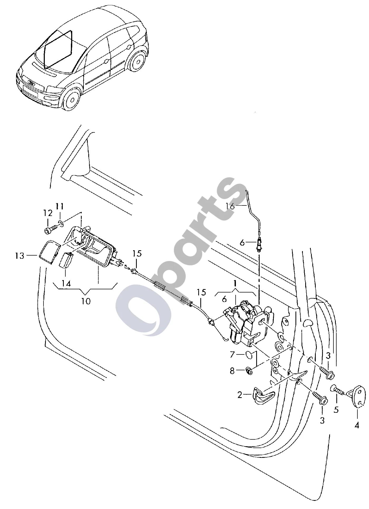 Audi A2 Vidinis vykdiklis; durų spyna (A2) schema – pozicija 4: Spynos kabliukas