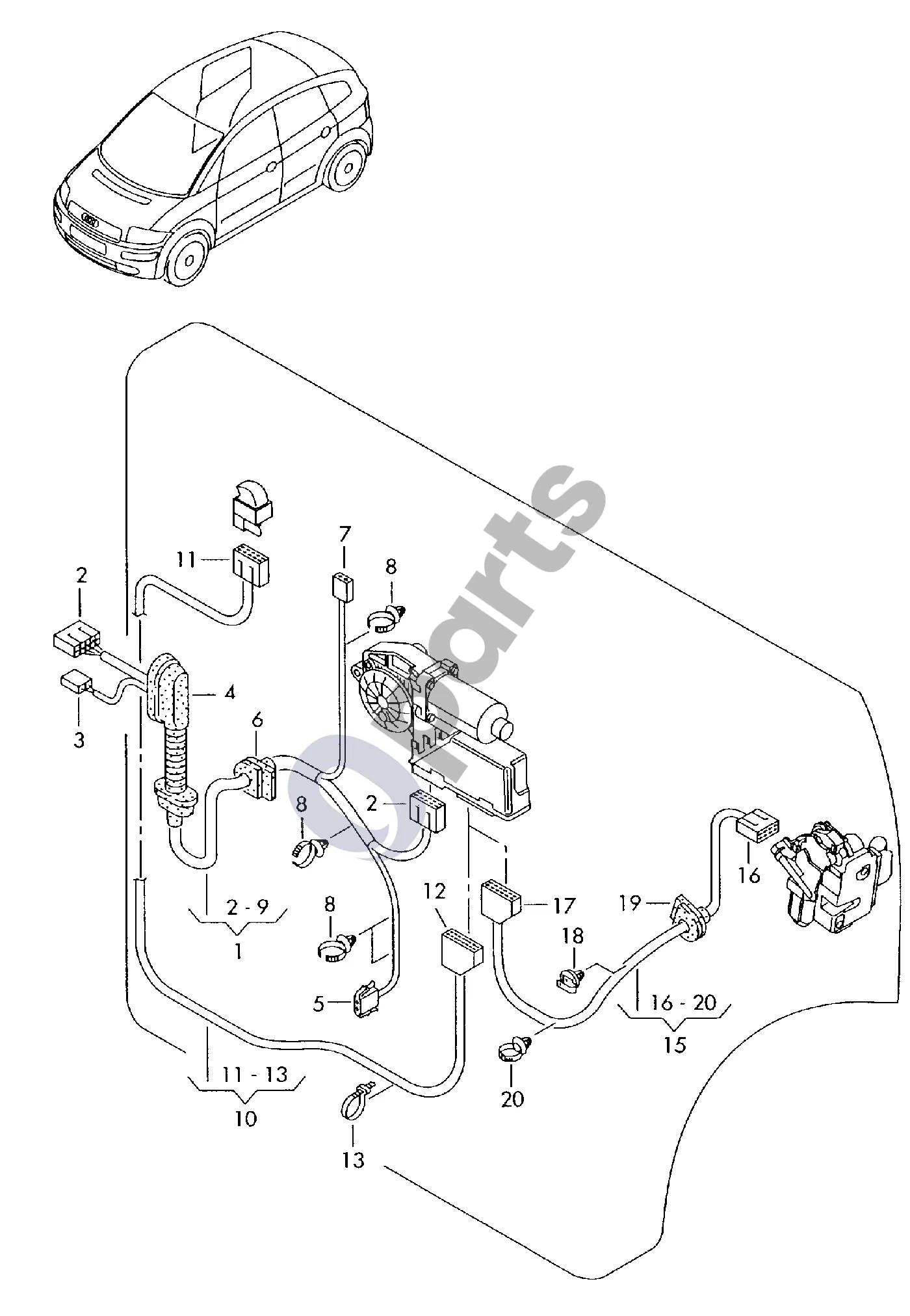 Audi A2 Durų laidų komplektas schema – Plokščiųjų kontaktų jungtis su kontaktų fiksavimo mechanizmu; Jungiamasis elementas; Centrinė laidų pynė F 8Z-2-000 001>>