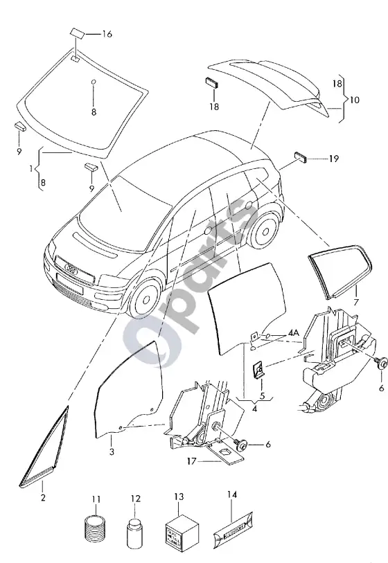 Audi A2 lango stiklas – schema