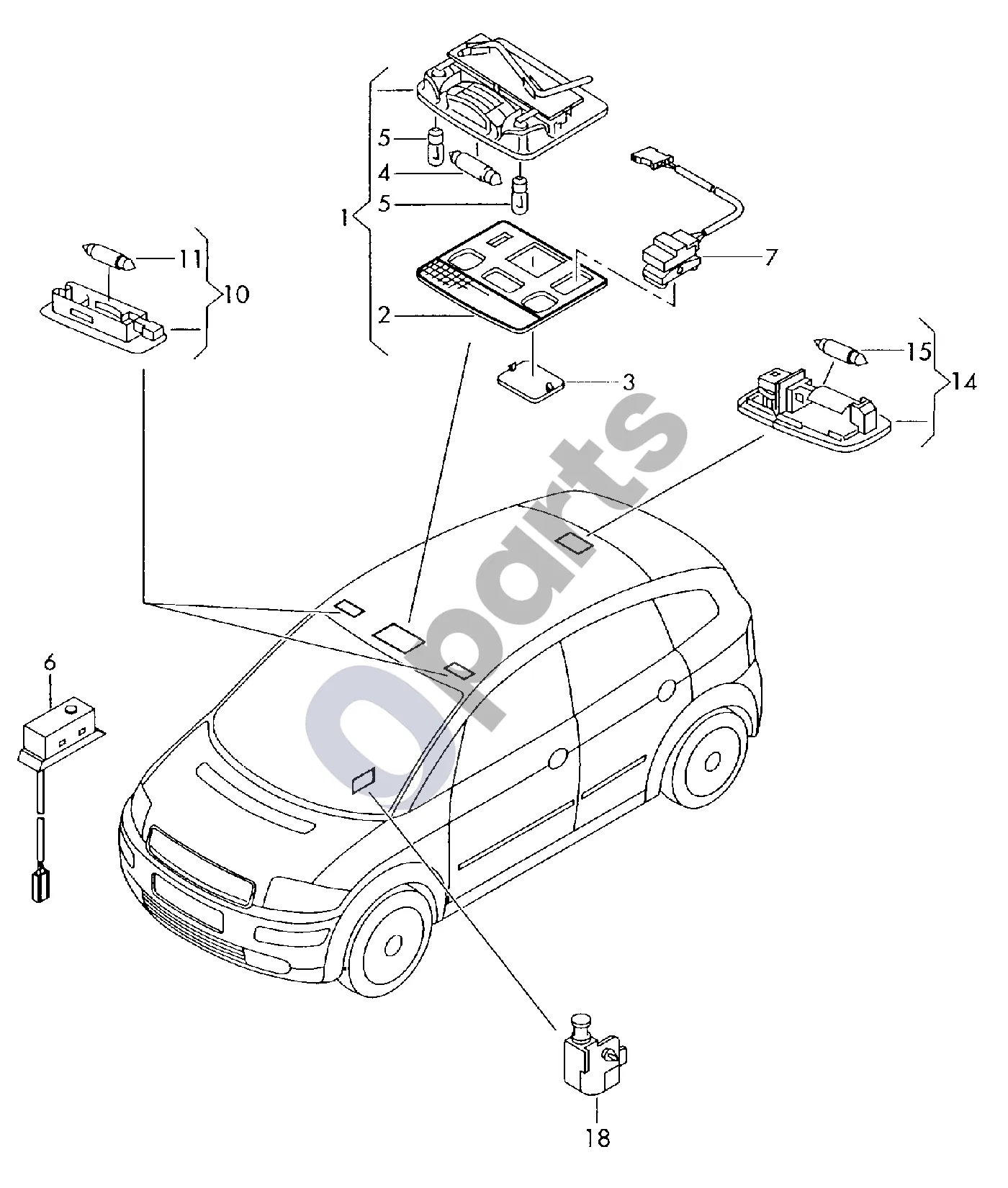 Audi A2 Salono ir skaitymo apšvietimas schema – pozicija 18: Jungiklis