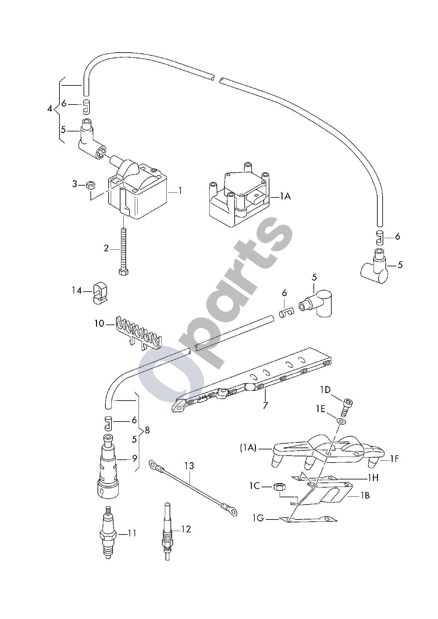 Audi A2 Uždegimo transformatorius; uždegimo žvakė; uždegimo laidas schema – Kaitinimo žvakė