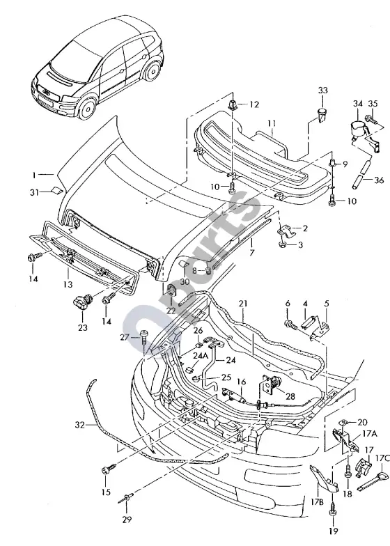 Audi A2 variklio dangtis – schema