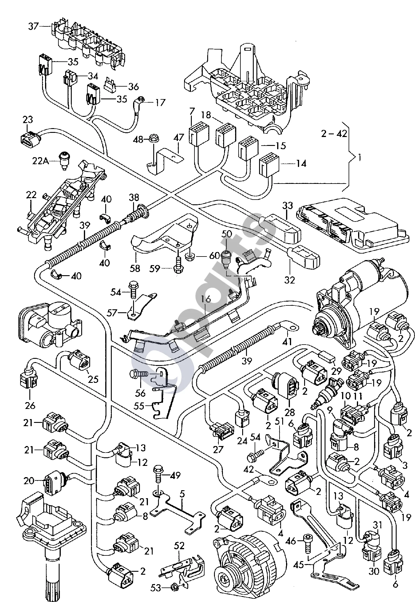 Audi A2 Variklio laidų komplektas schema – pozicija 4: Plokščia jungtis su kontaktų fiksavimo mechanizmu; Jungiamoji detalė; Slėgio reguliavimo vožtuvas; Įpurškimo vamzdelis; Generatorius