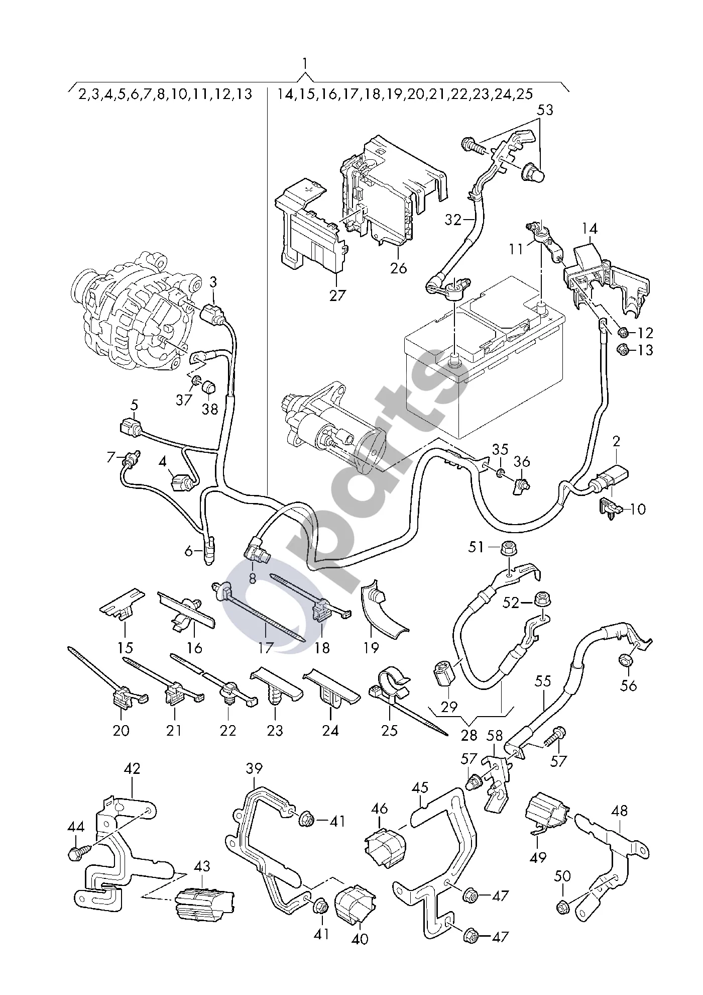Audi A3 8Y (2020–) Akumuliatoriaus +, starterio ir generatoriaus laidų pynė schema – pozicija 27: Cover; Fuse socket