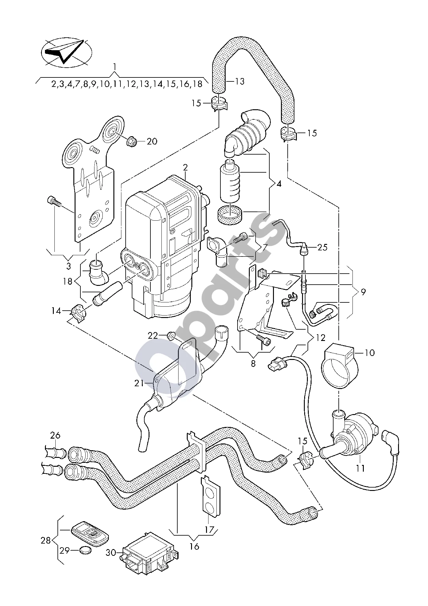 Audi A3 8Y (2020–) Papildomas aušinimo skysčio kontūro šildytuvas schema – pozicija 15: Spyruoklinis juostinis spaustukas