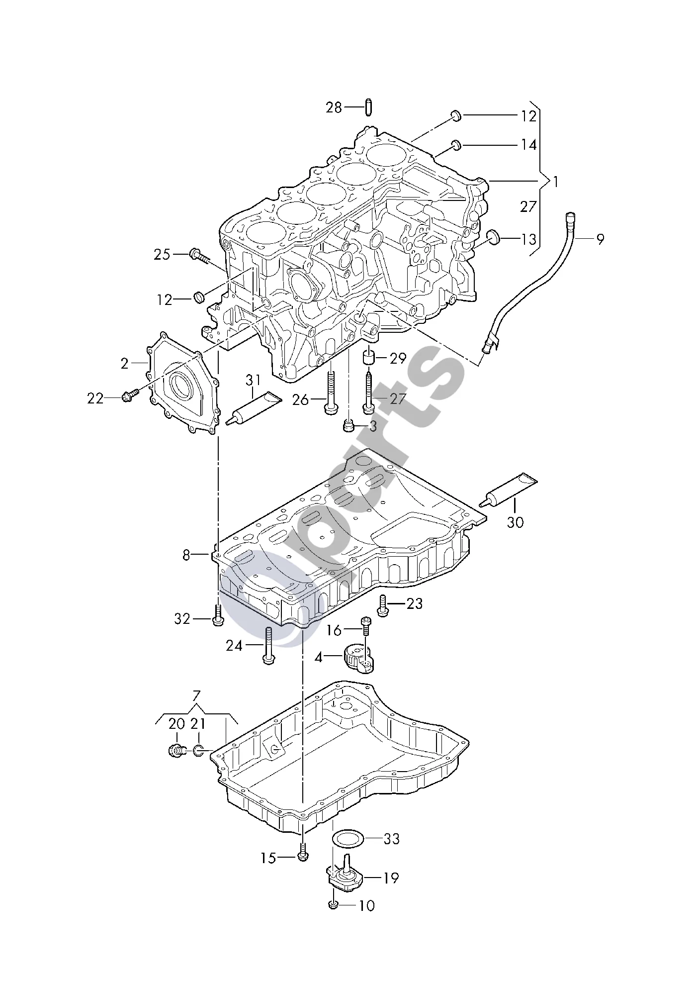 Audi A3 8Y (2020–) Cilindrų blokas; alyvos karteris schema – pozicija 29: Centrinė įvorė