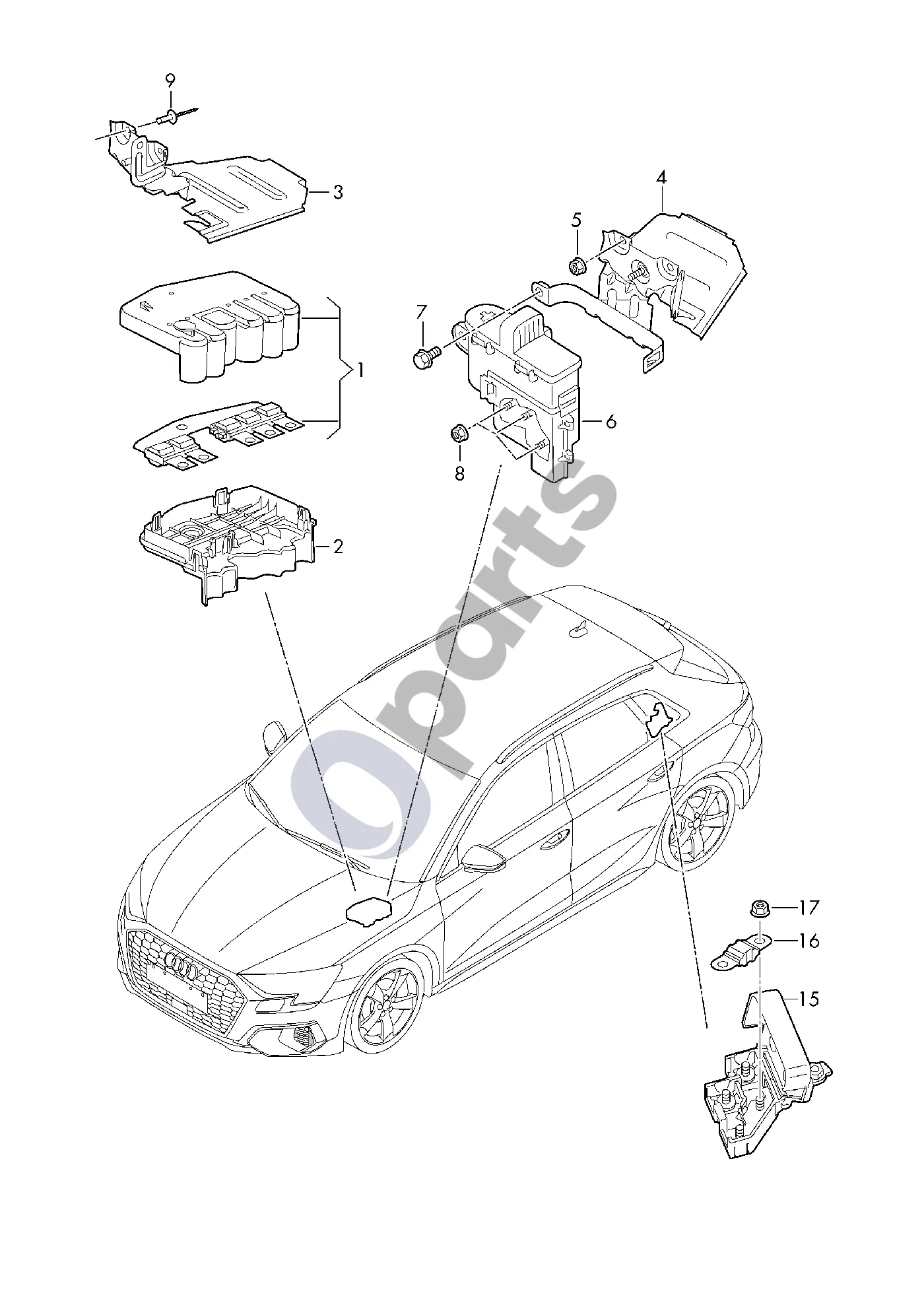 Audi A3 8Y (2020–) Saugiklių lizdas; daugiasaugiklis schema – pozicija 16: Juostinis saugiklis; Papildomas akumuliatorius