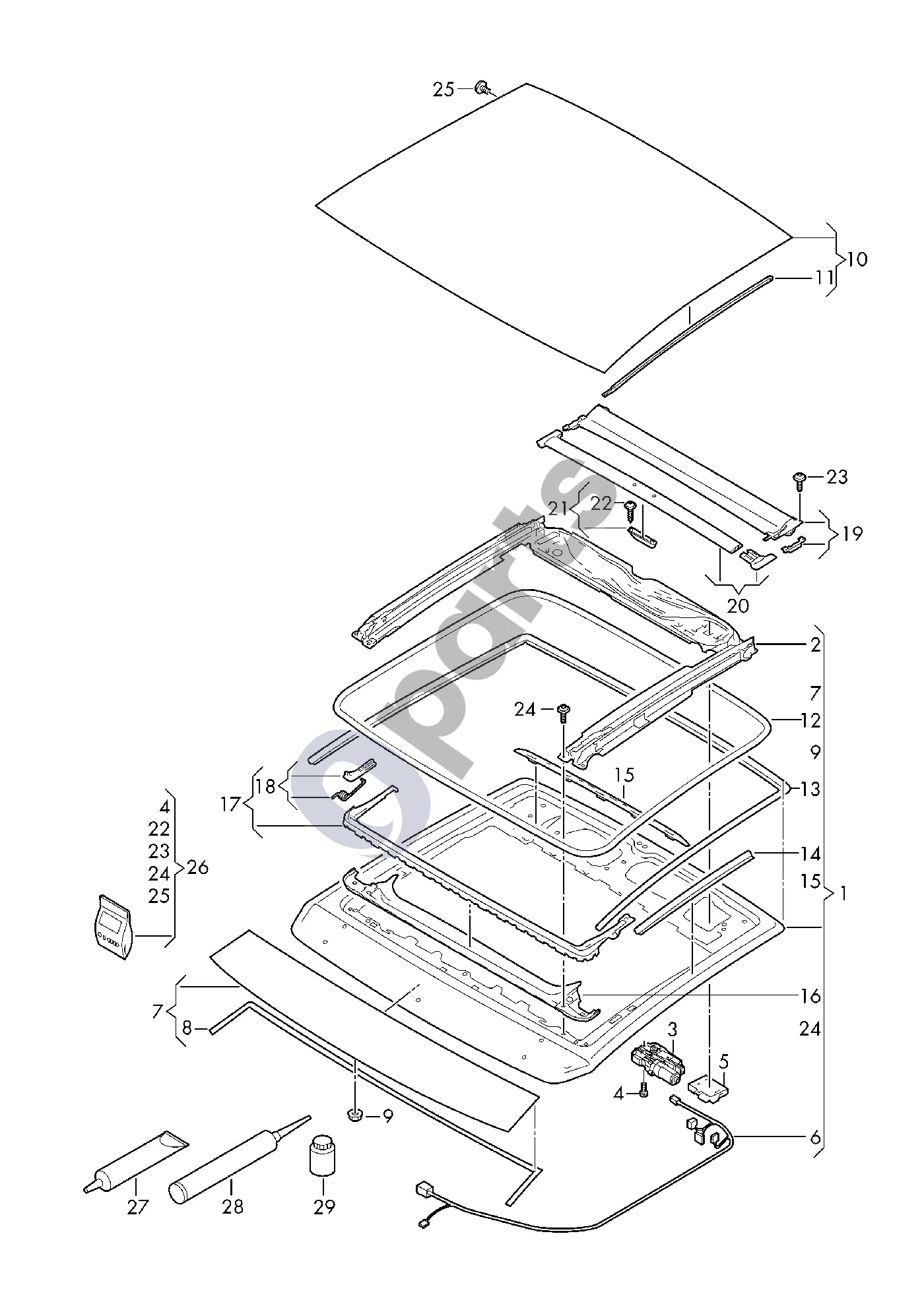 Audi A3 8Y (2020–) Stiklinis stogo liukas schema – pozicija 3: Sliding roof motor