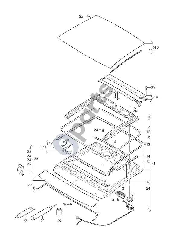 Audi A3 8Y stiklinis stogo liukas – schema