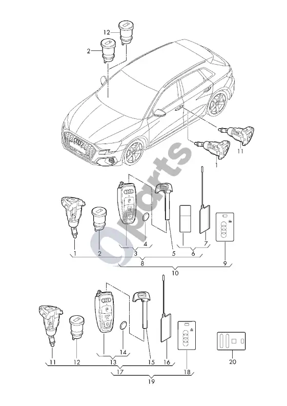 Audi A3 8Y spynelės cilindras; raktas – schema