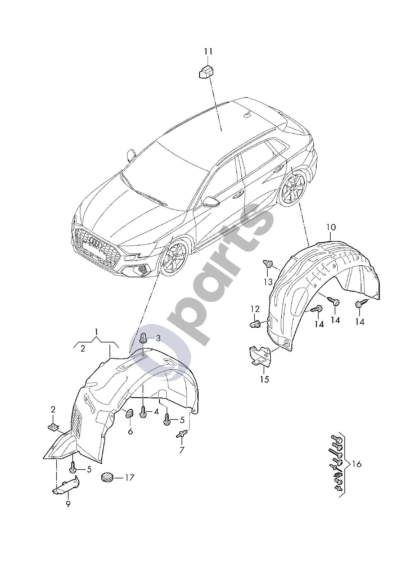 Audi A3 8Y (2020–) Rato arkos apdaila schema – pozicija 1: Ratų arkos apsauga D >> - 03.04.2023