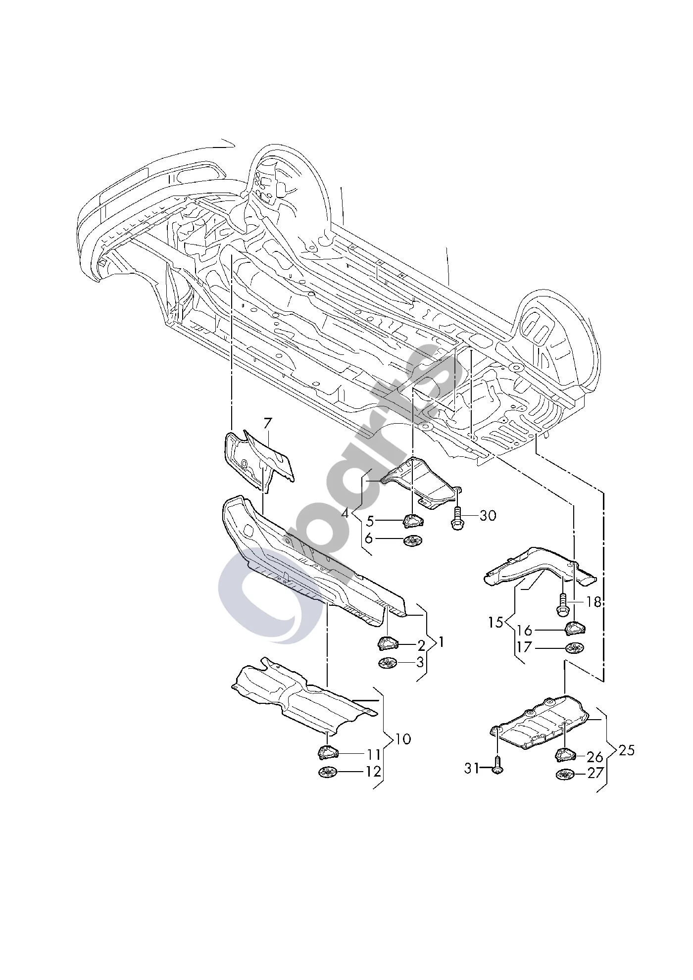 Audi A3 8Y (2020–) Šilumos skydas schema – pozicija 1: Tunelio šilumos skydas