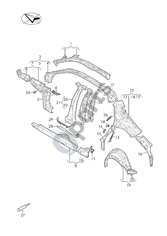 Audi A3 8Y šoninė dalis – schema