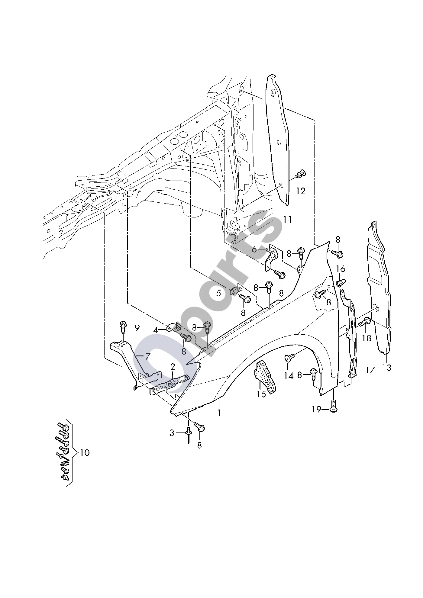 Audi A3 8Y (2020–) Sparnas schema – pozicija 11: Uždarymo elementas; Sparnas
