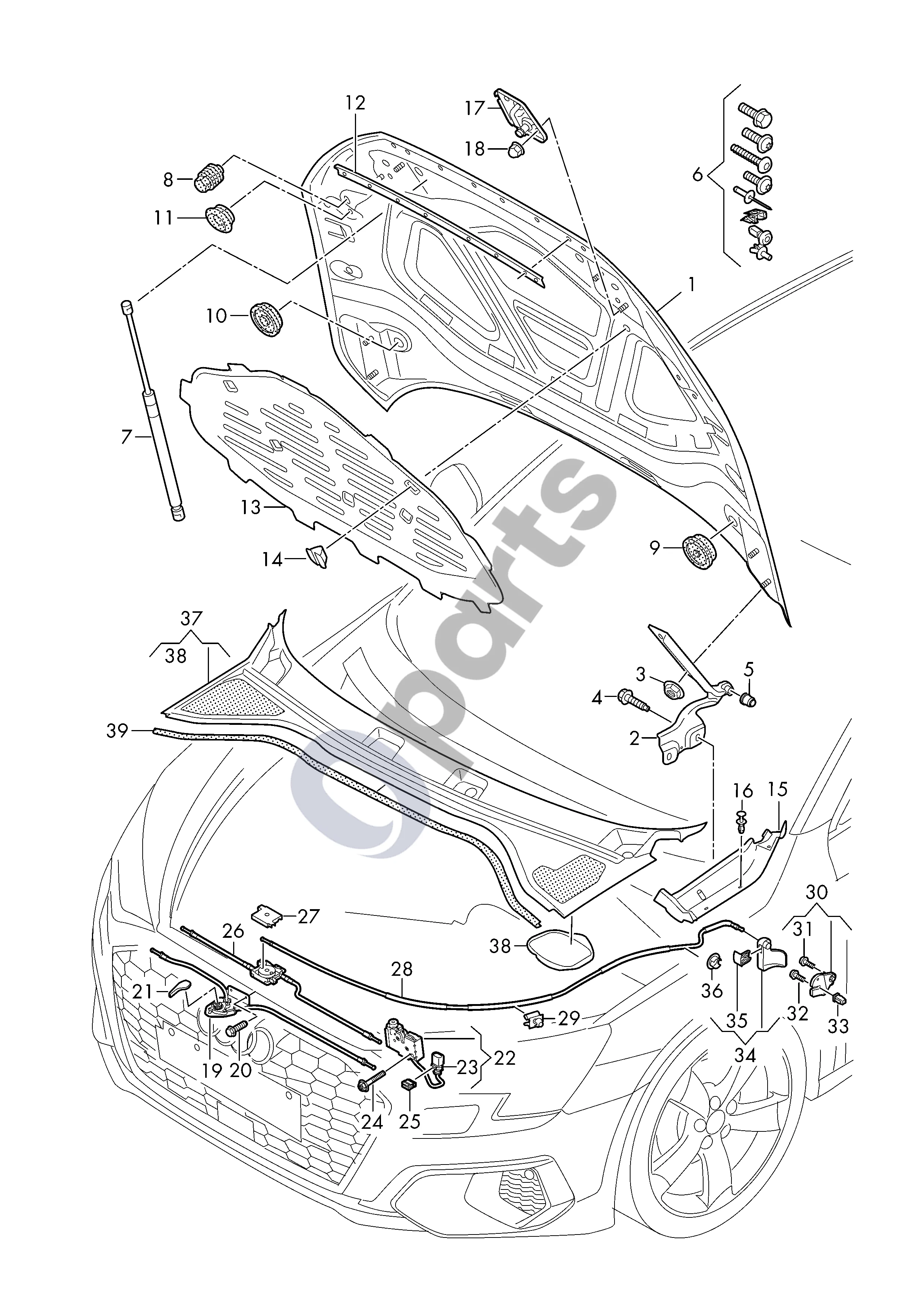 Audi A3 8Y (2020–) Variklio dangtis schema – pozicija 15: Dangtis