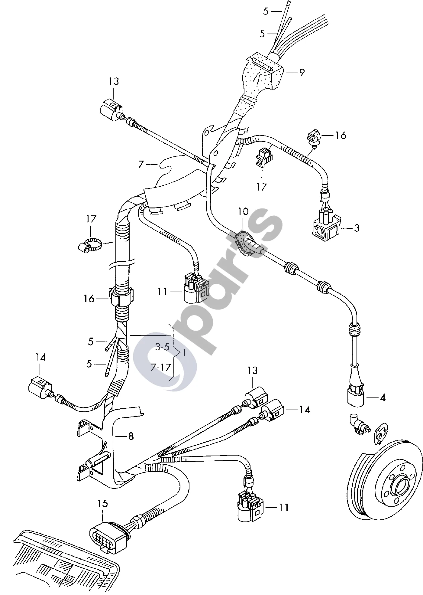 Audi A3 S3 8L (1996–2003) Apšvietimo laidų pynės dalis schema – pozicija 3: Plokščiųjų kontaktų jungtis; Jungiamoji detalė; Slėgio jungiklis