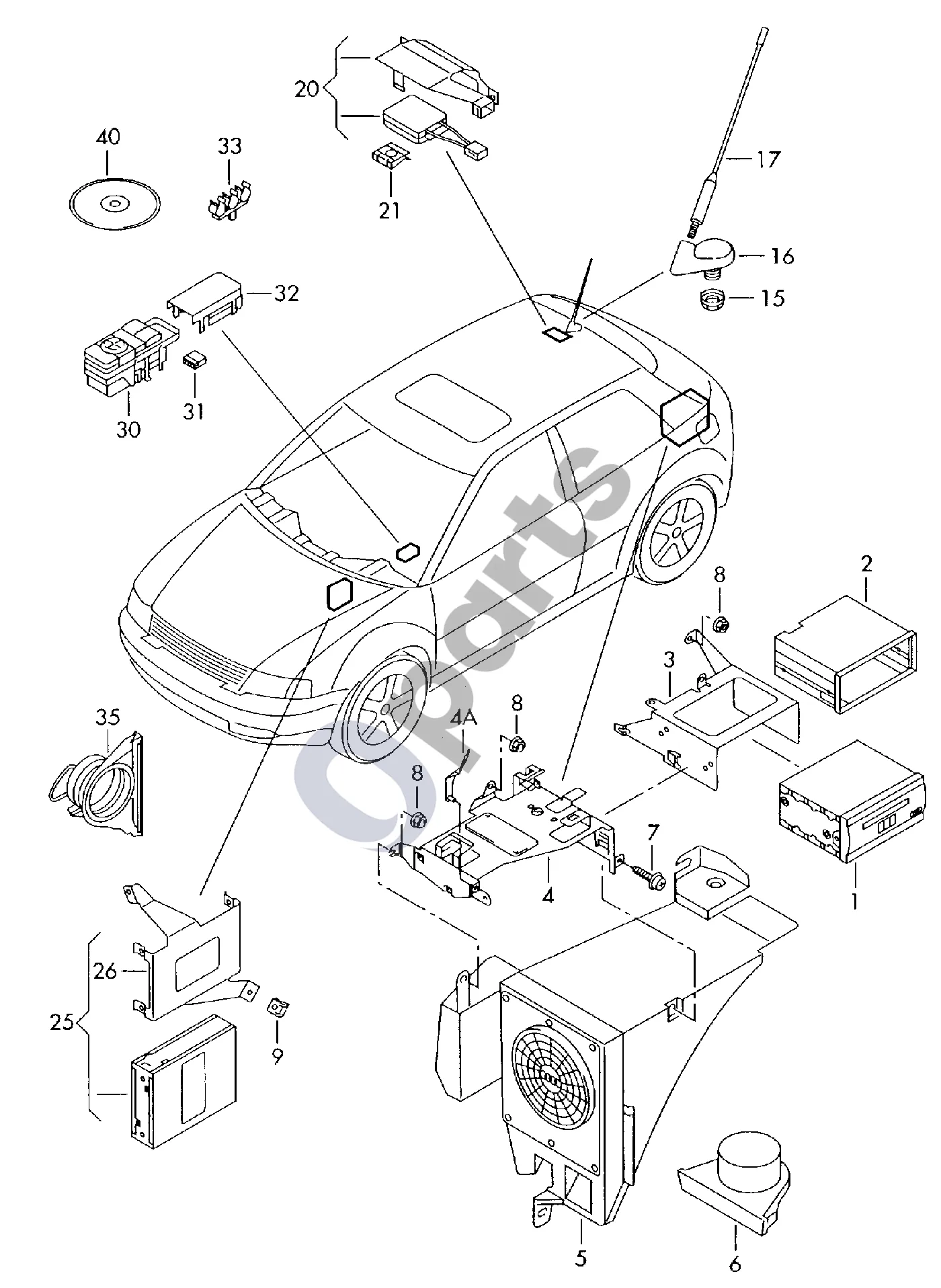 Audi A3 S3 8L (1996–2003) Elektrinės navigacijos sistemos dalys; navigacijos sistemos CD-ROM schema – Plokščios jungties korpusas