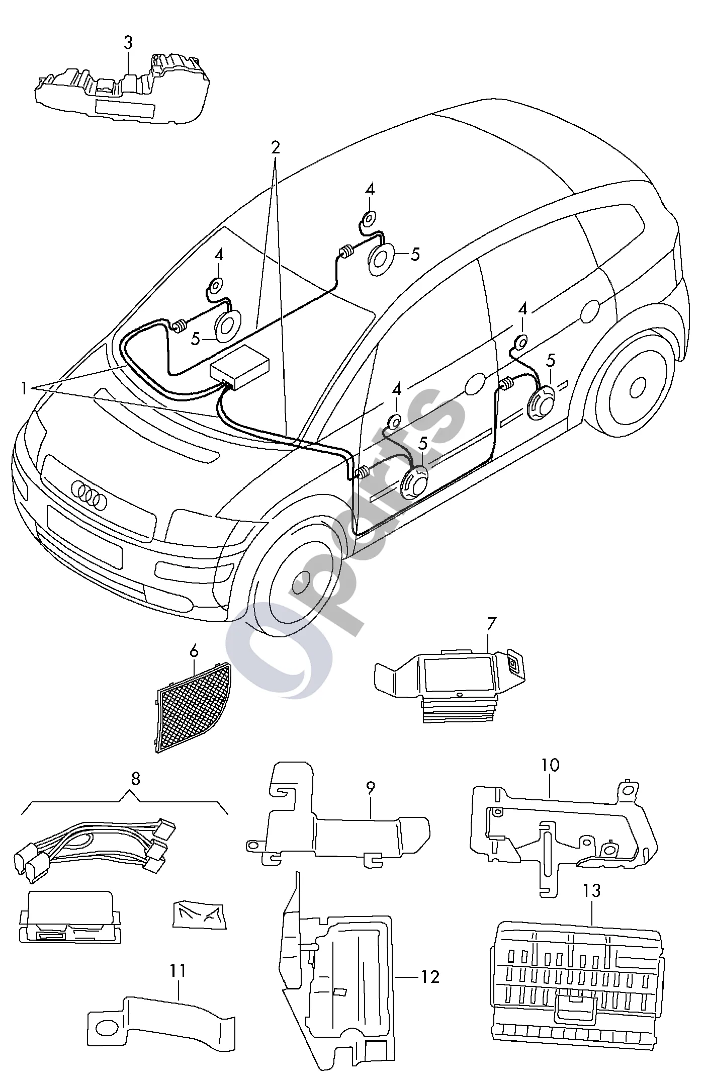 Audi A3 S3 8L (1996–2003) Originalus priedas; garsiakalbis; *funkcija 'fi' neįmanoma schema – pozicija 7: Stiprintuvai; Automobiliams su Bose garso sistema; Jei reikia, naudoti: