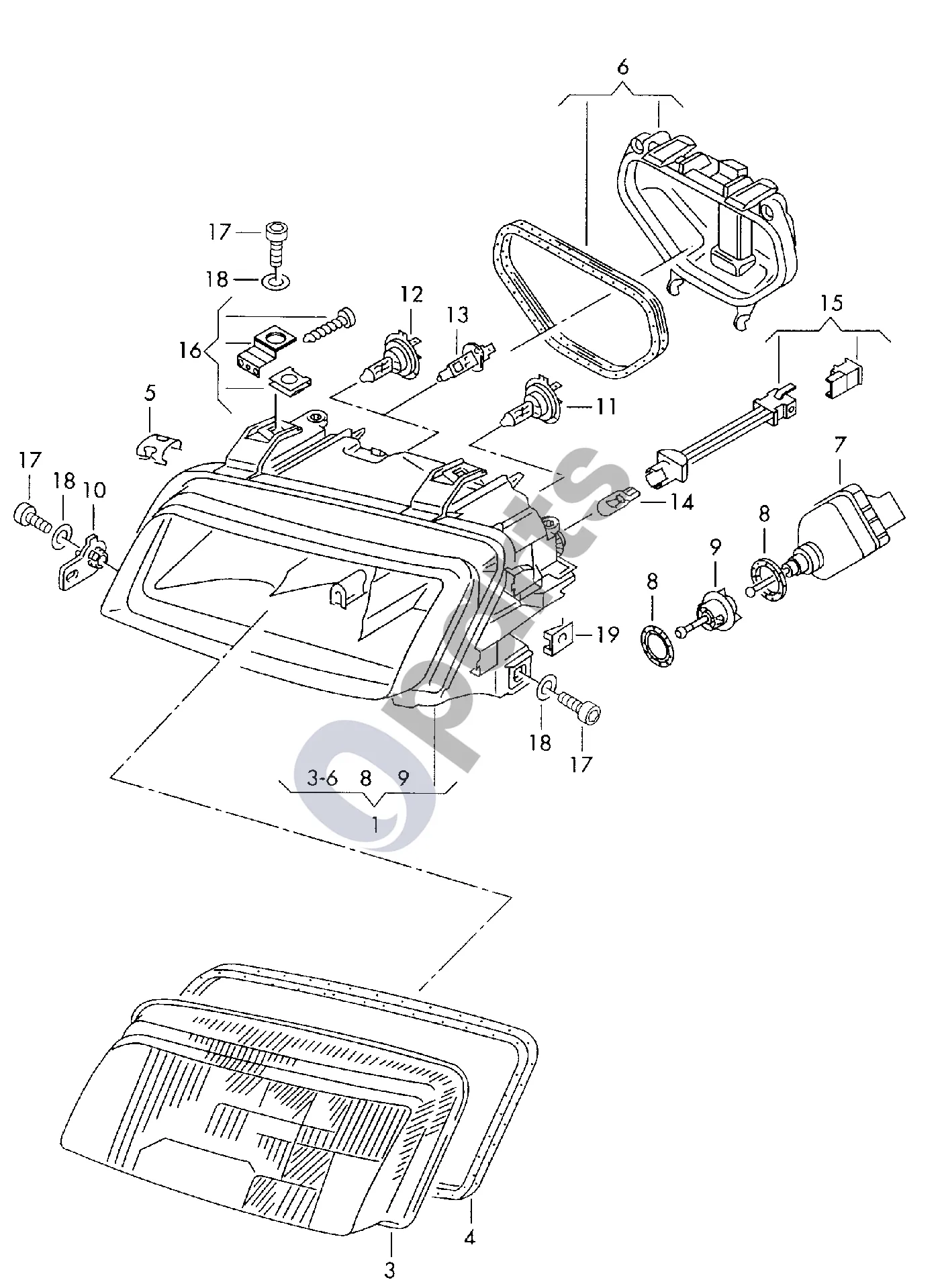 Audi A3 S3 8L (1996–2003) Halogeninis žibintas schema – pozicija 5: Fiksavimo spyruoklė