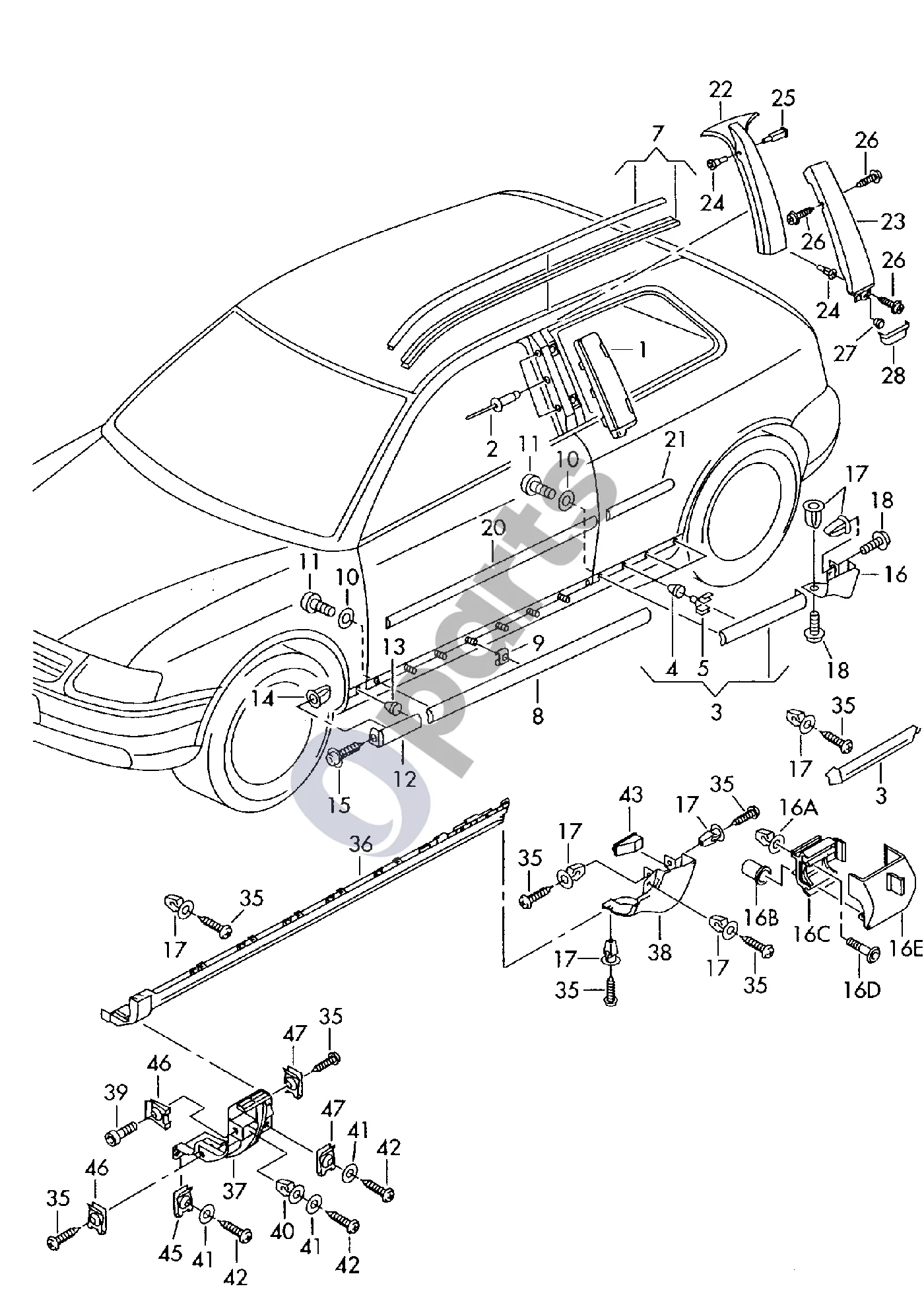 Audi A3 S3 8L (1996–2003) Apsauginė juostelė; lipdė - stogas schema – pozicija 9: Spaustukas