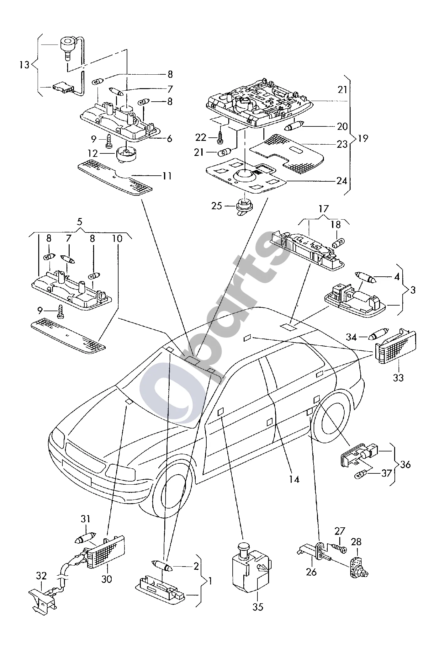 Audi A3 S3 8L (1996–2003) Salono ir skaitymo apšvietimas schema – pozicija 1: Salono apšvietimas; Modeliams su apšviečiamu kosmetiniu veidrodėliu