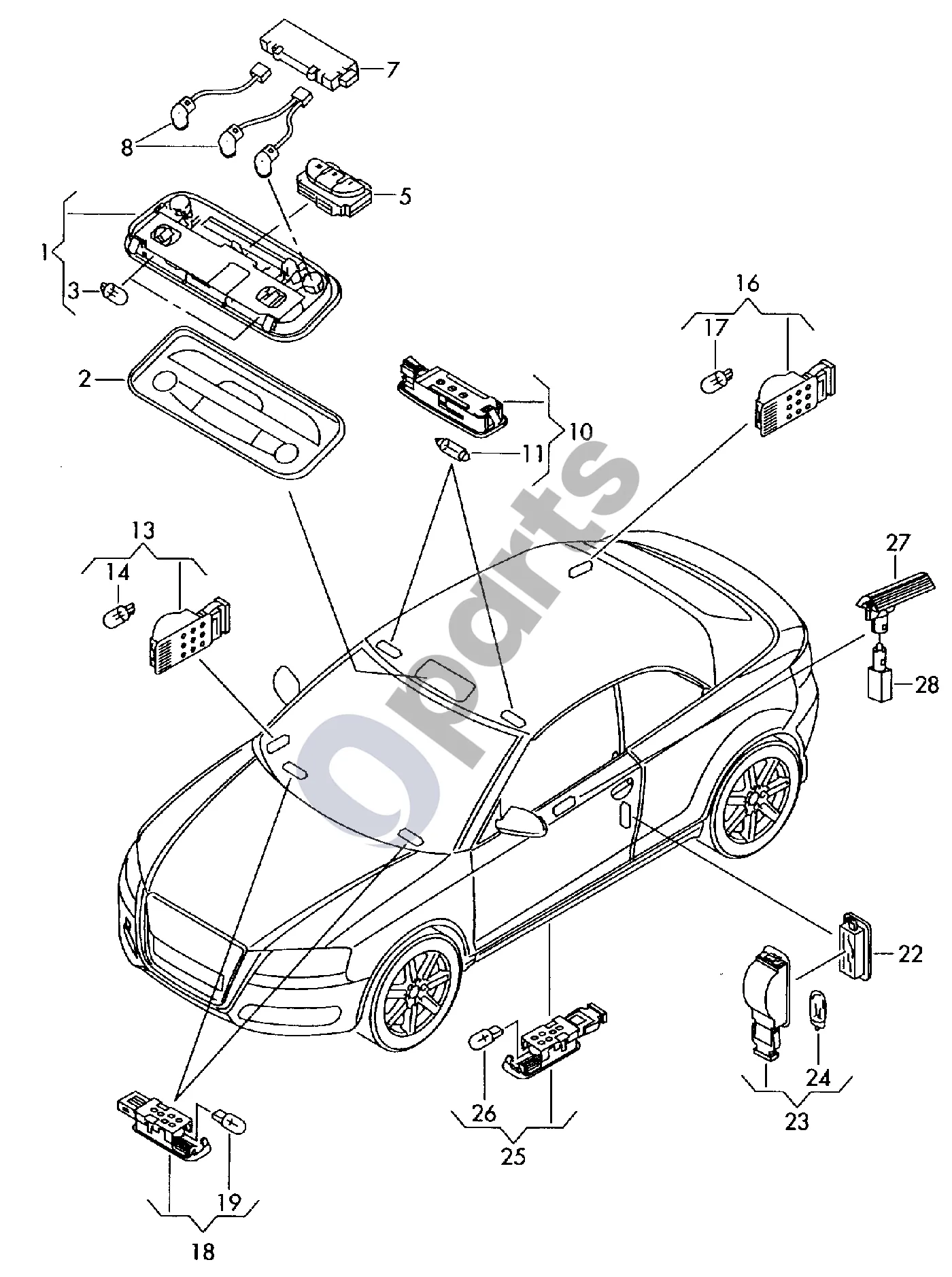 Audi A3 S3 8P (2003–2012) Salono ir skaitymo apšvietimas schema – pozicija 23: Durų įspėjamoji lemputė